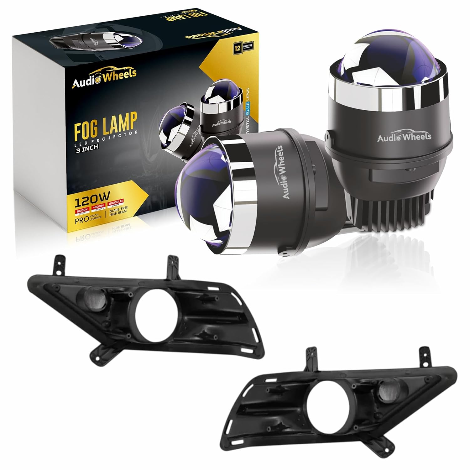 Audio Wheels 3 Inch LED Projector Fog Lamp with Cover - 120W, Tri-Color (White/Warm/Yellow) | with Blue Tint Film | 12V/24V Fog Light for Car & Vehicle Modification | For Hyundai Creta 2020