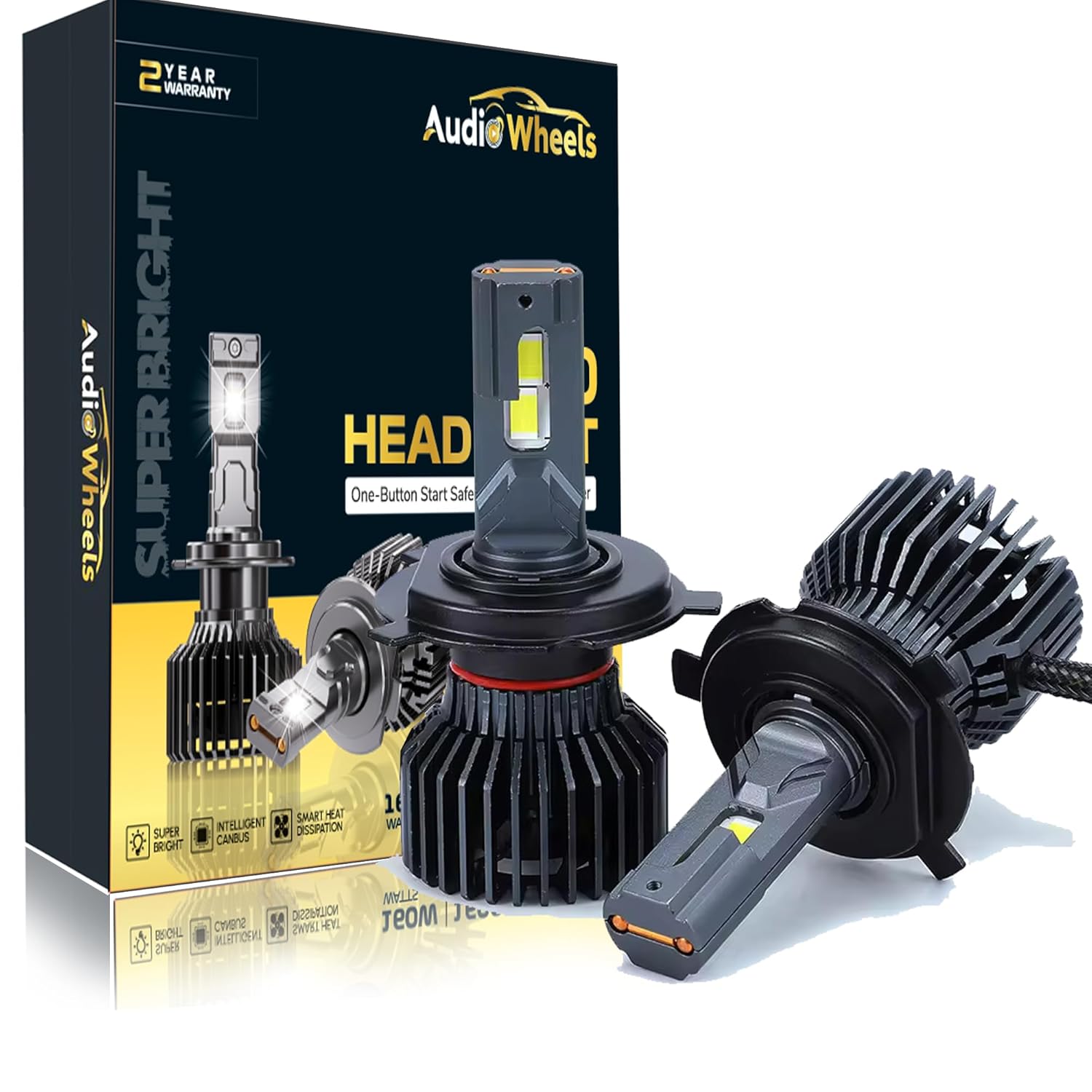 Audio Wheels Grey H4/H19–160W LED Headlight Bulbs Super Bright, 16,000 Lumens, 6000K Cool White for Quick Installation.