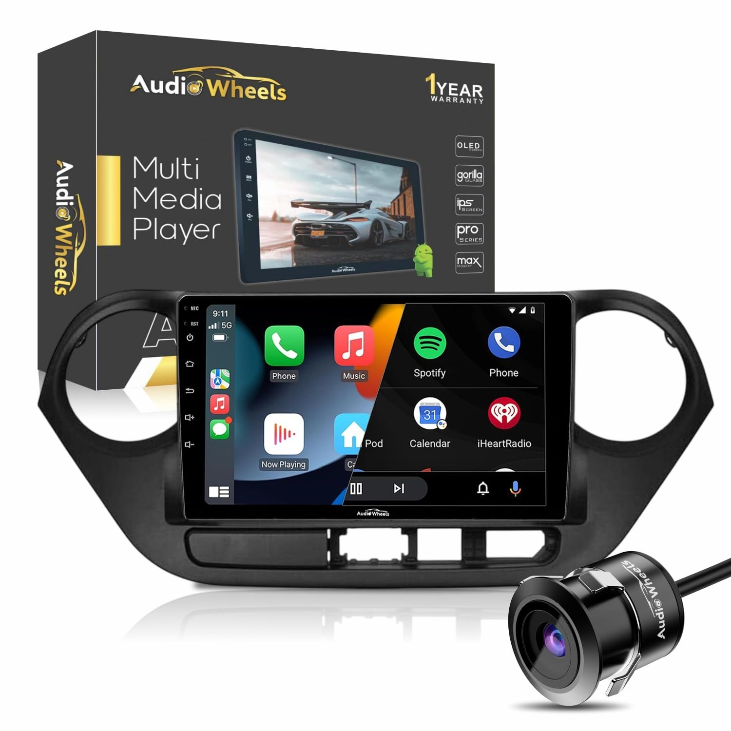 Audio Wheels Wireless CarPlay & Stereo Auto 9 Inch 1280P Car Android Display with Gorilla Glass | Android 13 | TS-9 Processor | 2GB & 32GB +Frame+HD Camera Included (Hyundai i10 Grand)