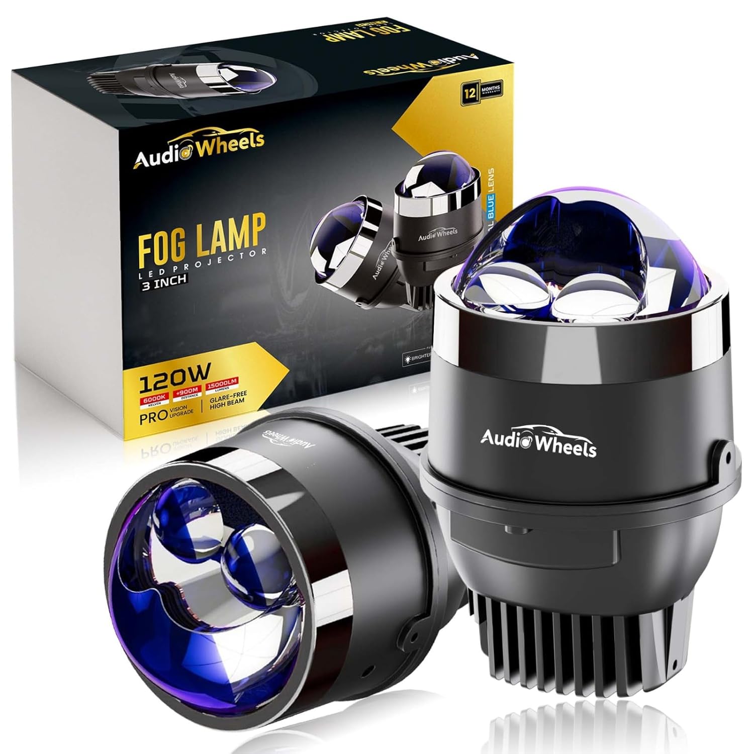 Audio Wheels 3 Inch Universal LED Projector Fog Lamp - 120W Dual-Beam | Tri-Color Output (6000K White / 4500K Warm / 3000K Yellow) | 15,000LM Projector Light with Blue Film | 12V/24V Car Driving Lamp