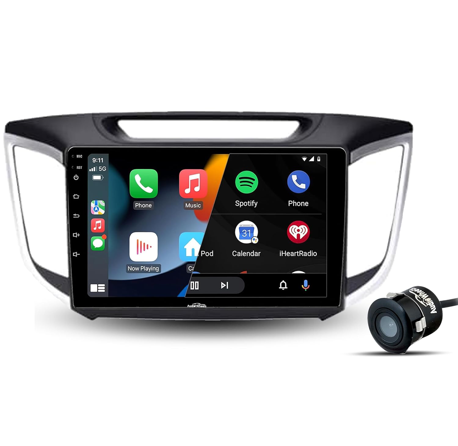 Audio Wheels Wireless CarPlay & Stereo Auto 9inch 1280P Car Android Display with Gorilla Glass  Android 13  TS-9 Processor  2GB & 32GB +Frame+HD Camera Included (Hyundai Creta 2015)