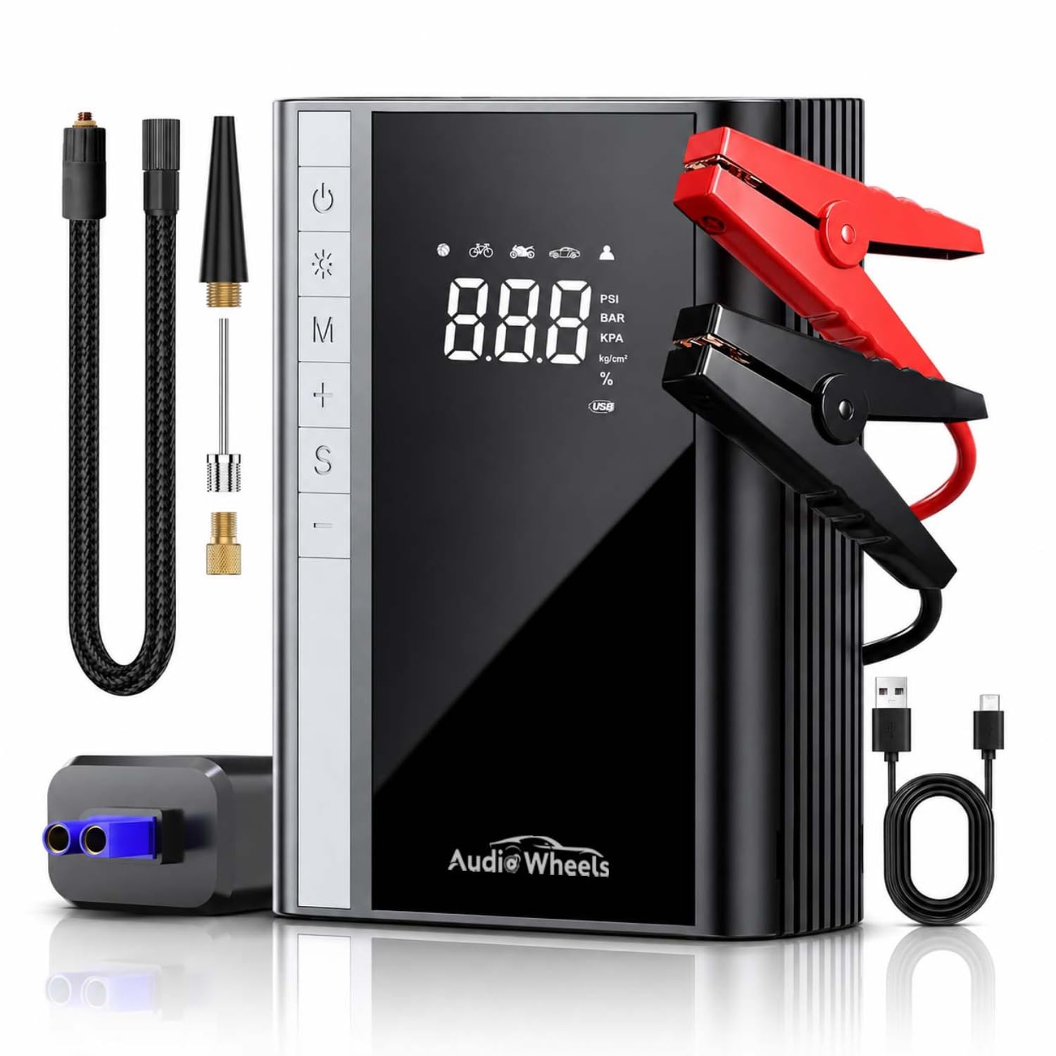 Audio Wheels Car Jump Starter with Air Compressor | 2500mAh Battery Pack Jump Starter 3500A |  Peak for Up to 9.0L Gas and 8.0L Diesel Engine | 12V Battery Booster Jump Box with LED Display/Flashlight/Jumper Cable/USB