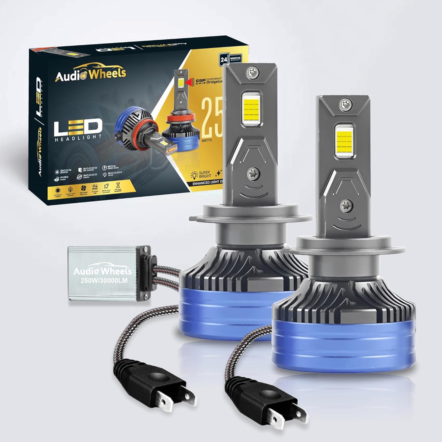 Audio Wheels H7/H18-250W LED Headlight Bulbs – 30,000 Lumens Ultra-Bright, 6000K Cool White – IP68 Waterproof, Plug & Play Conversion Kit – 50,000+ Hrs, 2-Year Warranty