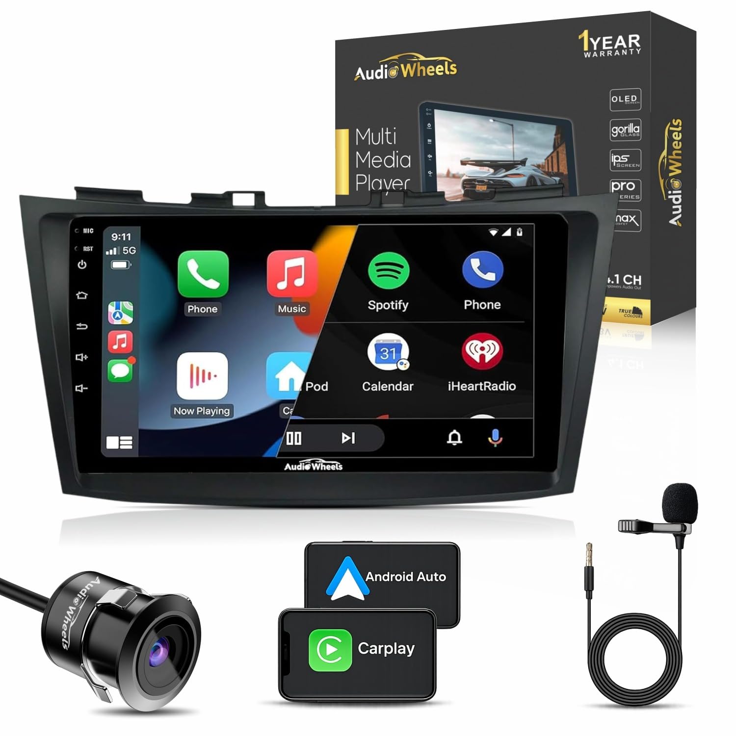 Audio Wheels 9 Inch Android 13 Car Stereo for Maruti Swift 2011–17 | 2GB+32GB | 1280P IPS Display | Gorilla Glass | AHD Reverse Camera | with Dashboard Frame