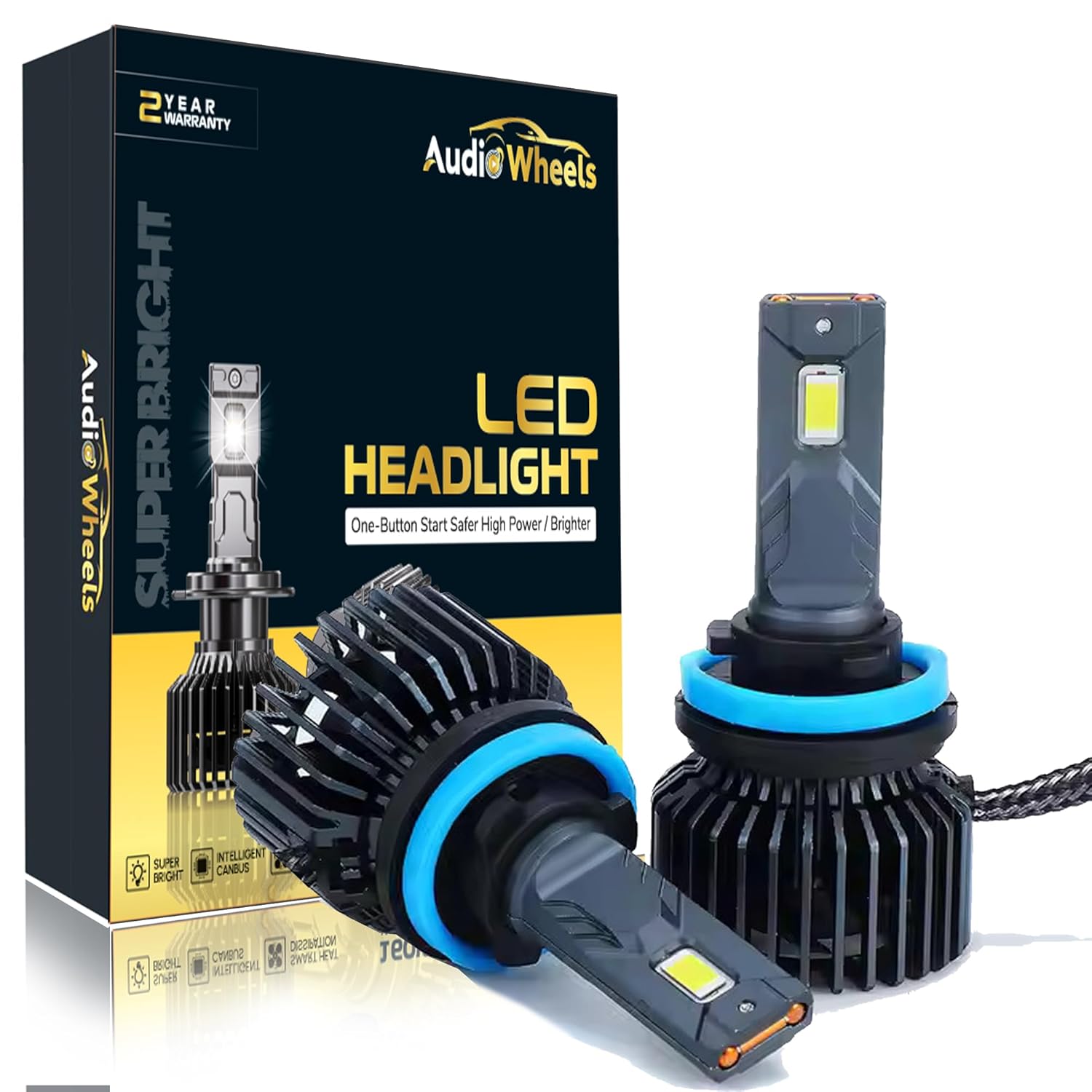 Audio Wheels H8/H11 LED Headlight Bulbs – 160W High-Performance Lighting, 16,000 Lumens Ultra-Bright Output, 6000K Cool White Glow for Superior Visibility and Enhanced Safety.