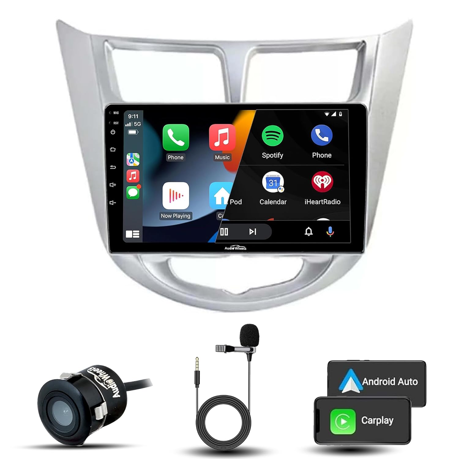 Audio Wheels Wireless CarPlay & Stereo Auto 9inch 1280P Car Android Display with Gorilla Glass  Android 13  TS-9 Processor  2GB & 32GB +Frame+HD Camera Included (Hyundai Fludic 2012)