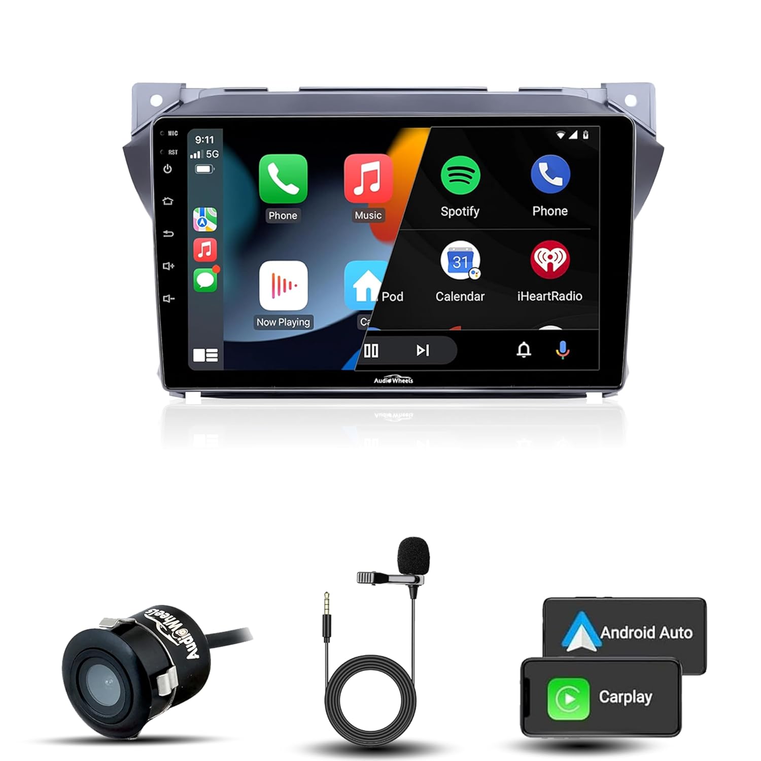 Audio Wheels Maruti A-Star: 9-Inch 1280P IPS Android 2/32 Car Display with Gorilla Glass - Double Din Car Stereo, Android 13,+ AHD Camera & Dashboard Frame (Maruti A-Star)