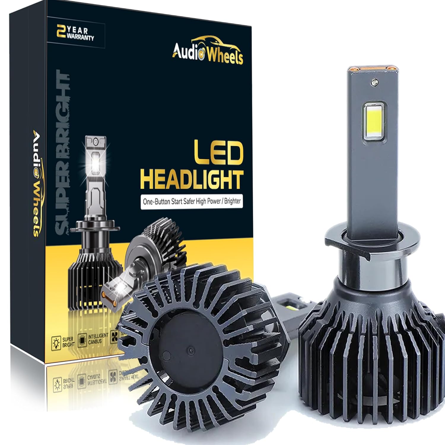 Audio Wheels H1 LED Headlight Bulbs – 160W High-Performance Lighting, 16,000 Lumens Ultra-Bright Output, 6000K Cool White Glow for Superior Visibility and Enhanced Driving Safety.