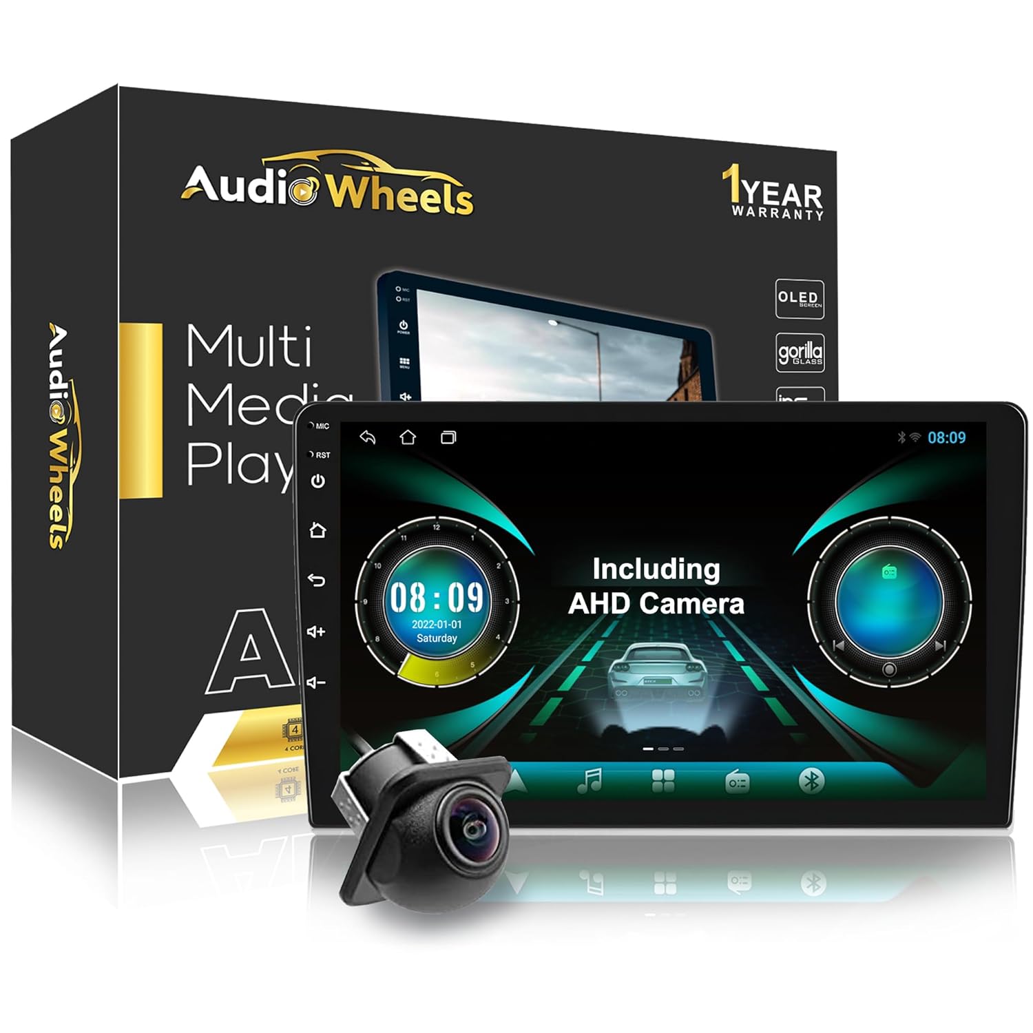 Audio Wheels Double Din Car Stereo 9 Inch 1G+32G Android 12 Multimedia BT Player Touchscreen with Mirror Link Split Screen GPS Navigation WiFi USB SWC Dome Rear Camera+GPS Antenna+Microphone (9 INCH)