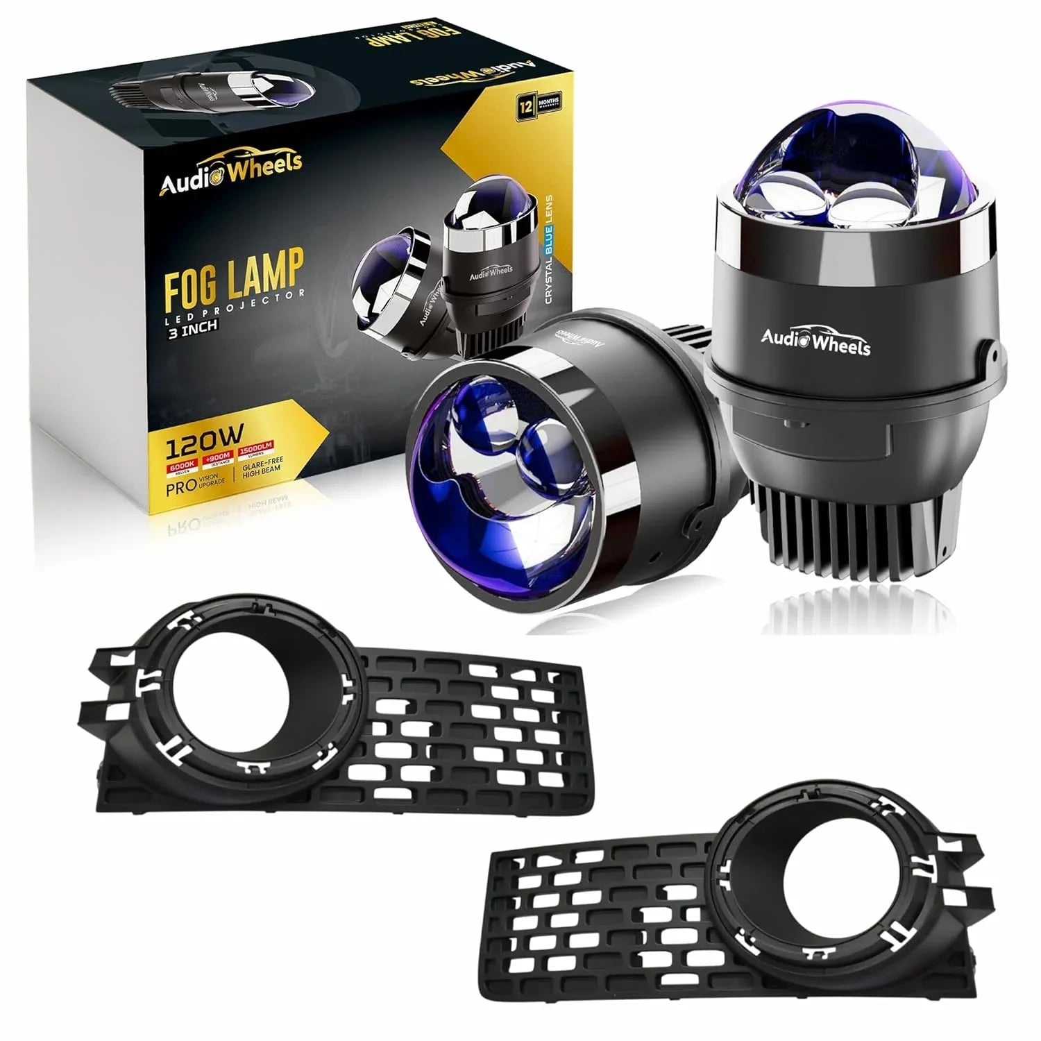 Audio Wheels 3" LED Projector Fog Lamp with Cover - 120W, 6000K White | Dual-Beam | with Blue Tint Film | 12V/24V Fog Light for Car & Vehicle Modification | For Maruti Suzuki Ignis 2020