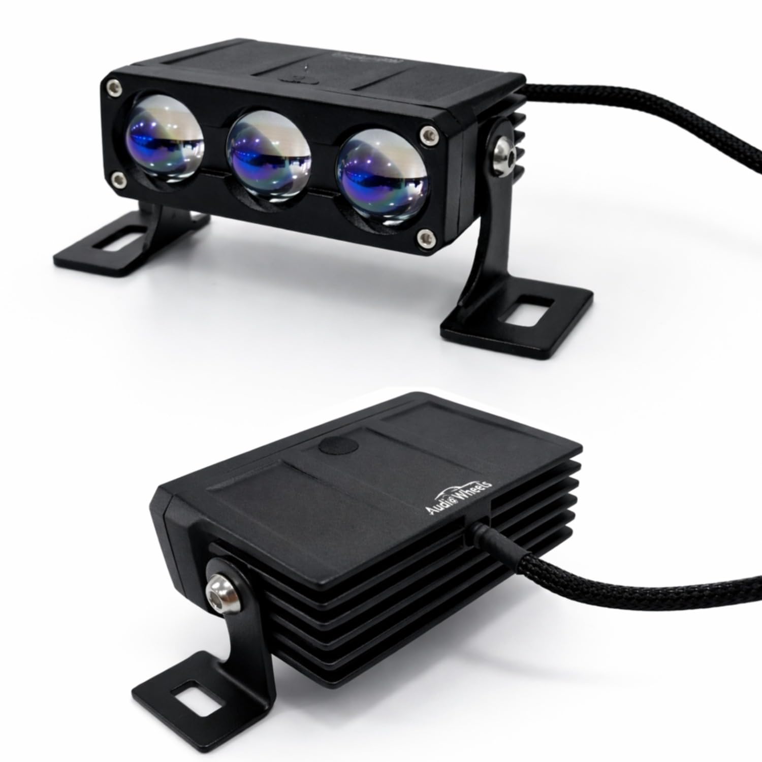 Audio Wheels 3 Eye Multifunctional Dual Beam External Lamp, Auxiliary Light, 120W Power Supply, White & Yellow Light, 20,000 Lumens, Heavy-Duty Aluminum, IP67 Waterproof, Universal Fit