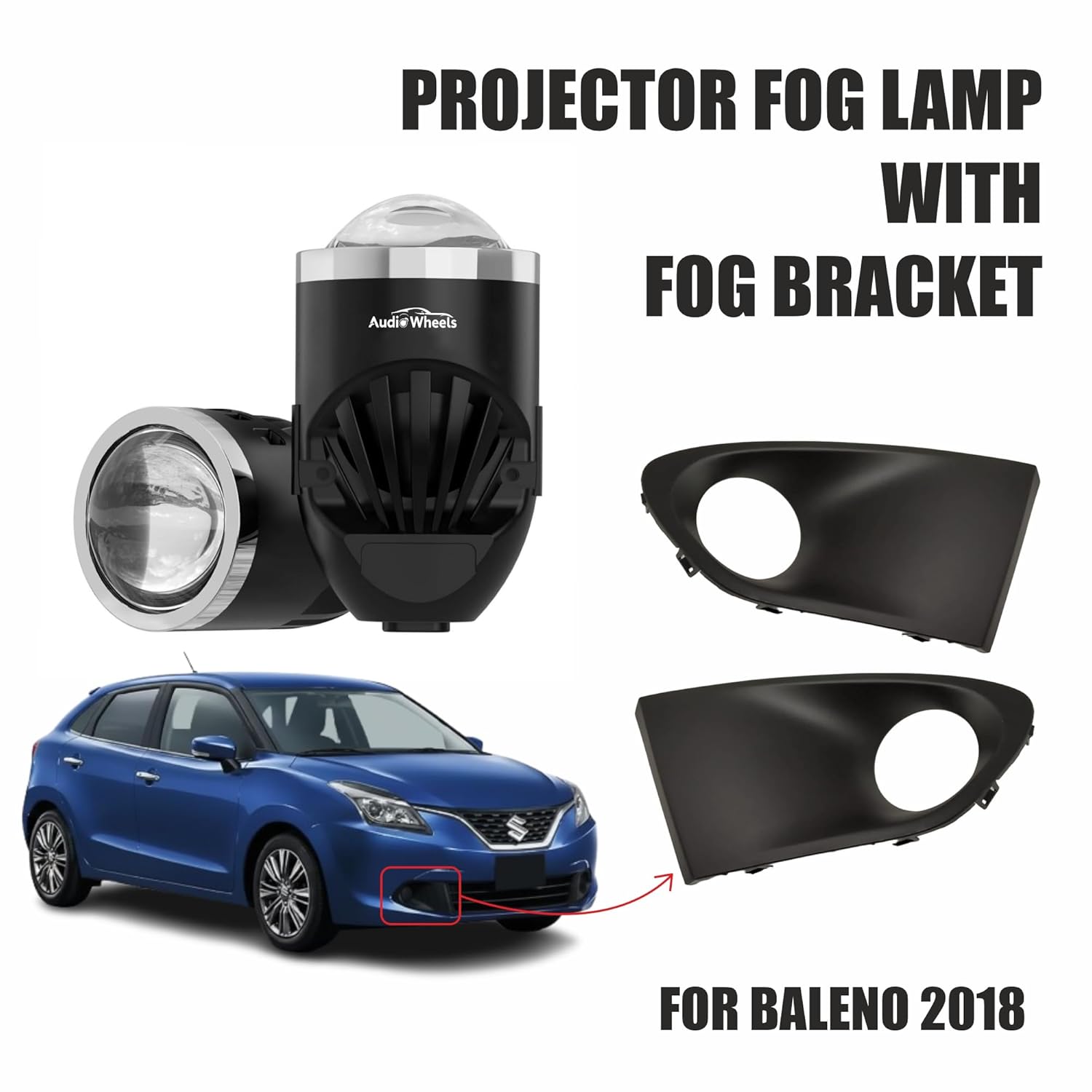 Audio Wheels 2 Inch LED Projector Fog Lamp with Cover - 120W, 6000K White (15000LM) with Blue Tint Film  12V24V Fog Light for Car & Vehicle Modification  For Maruti Suzuki Baleno 2018