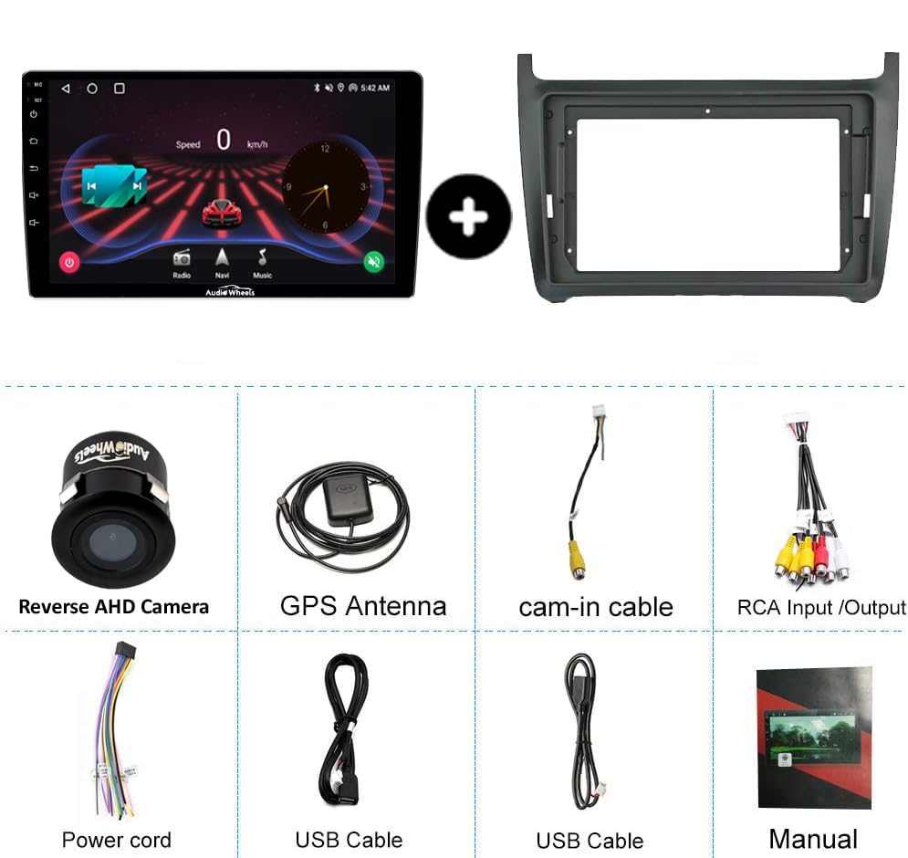 Audio Wheels Volkswagen Polo 9 Inch 1280P IPS Android 232 Car Display with Gorilla Glass - Double Din Car Stereo, Android 13,+ AHD Camera & Dashboard Frame (Volkswagen Polo)