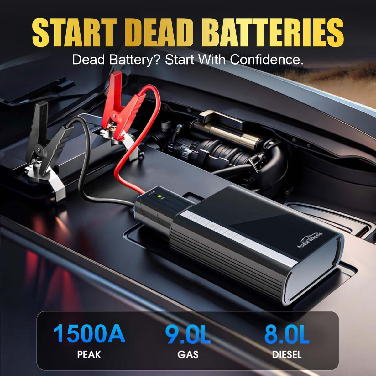 Audio Wheels Car Jump Starter with Air Compressor | 2500mAh Battery Pack Jump Starter 3500A |  Peak for Up to 9.0L Gas and 8.0L Diesel Engine | 12V Battery Booster Jump Box with LED Display/Flashlight/Jumper Cable/USB
