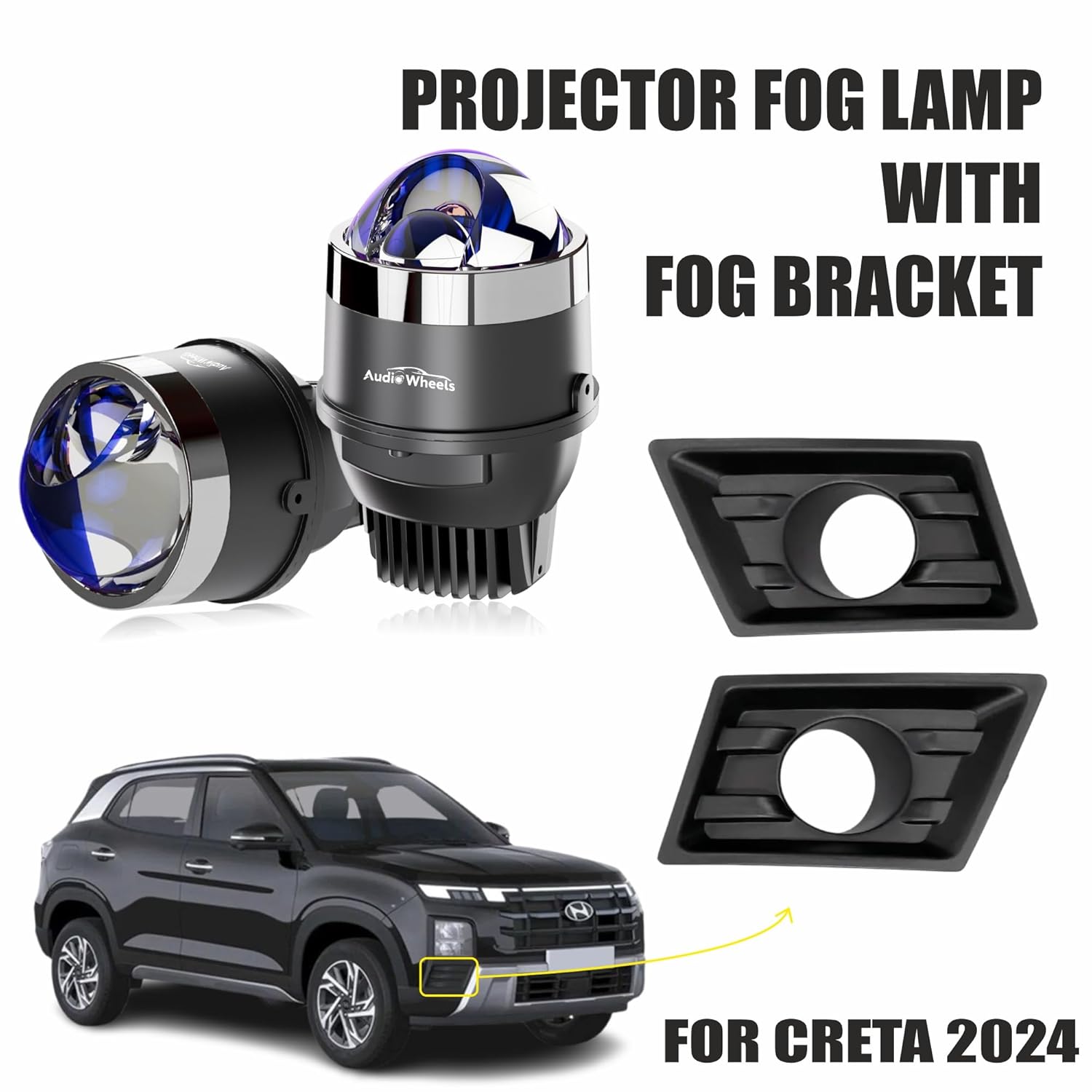 Audio Wheels 3 Inch LED Projector Fog Lamp with Cover - 120W, 6000K White | Single-Beam | with Blue Tint Film | 12V/24V Fog Light for Car & Vehicle Modification | For Hyundai Creta 2024