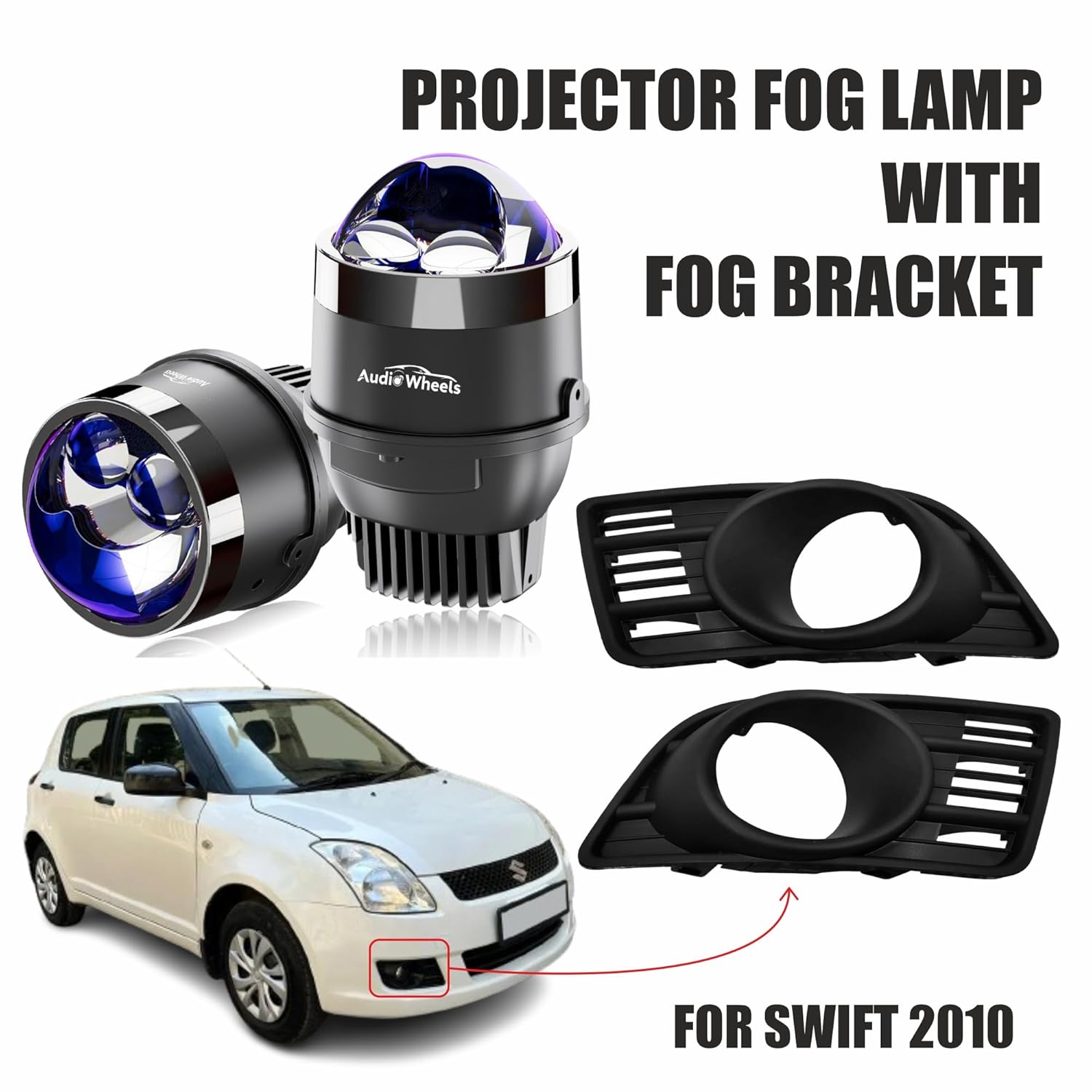 Audio Wheels 3 Inch LED Projector Fog Lamp with Cover - 120W, 6000K White  Dual-Beam  with Blue Tint Film  12V24V Fog Light for Car & Vehicle Modification  For Maruti Suzuki Swift 2010