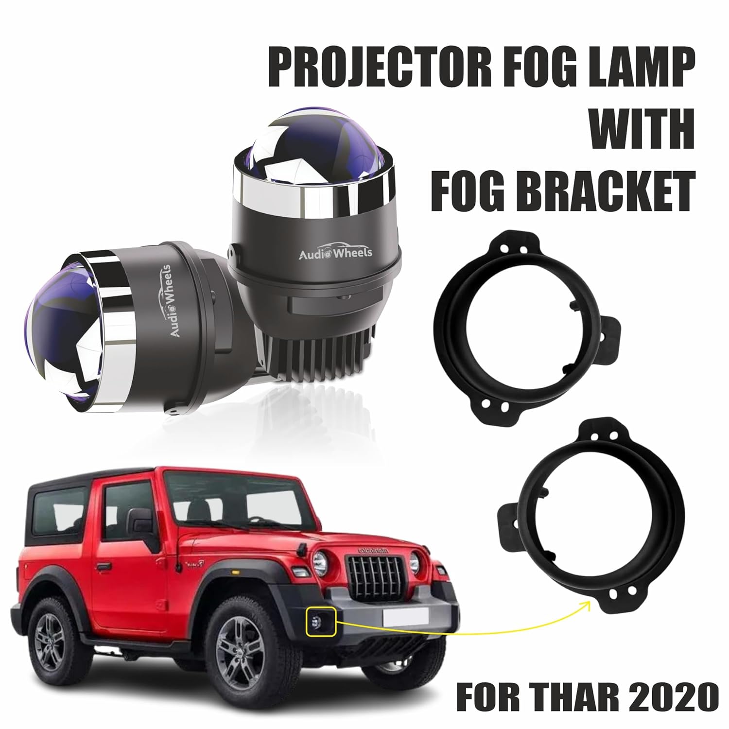 Audio Wheels 3 Inch LED Projector Fog Lamp with Cover - 120W, Tri-Color (White/Warm/Yellow) | with Blue Tint Film | 12V/24V Fog Light for Car & Vehicle Modification | For Mahindra Thar 2020.