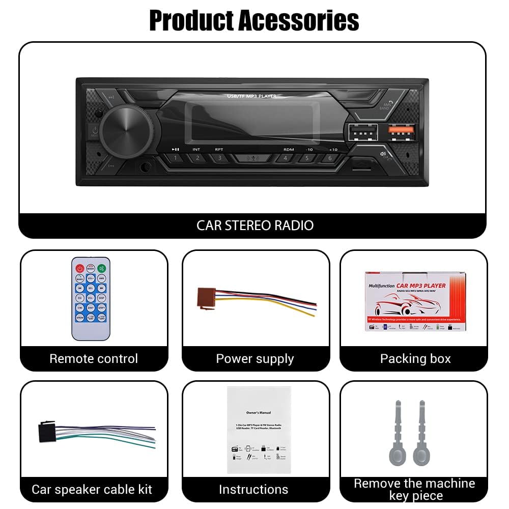 Audio Wheels Car Radio Bluetooth Single DIN Car Stereo Audio, MP3 Player Car Stereo 1 DIN with Bluetooth Handsfree/FM/Dual USB/TF/AUX/EQ/Quick Charge, with Wireless Remote Control (S-720)