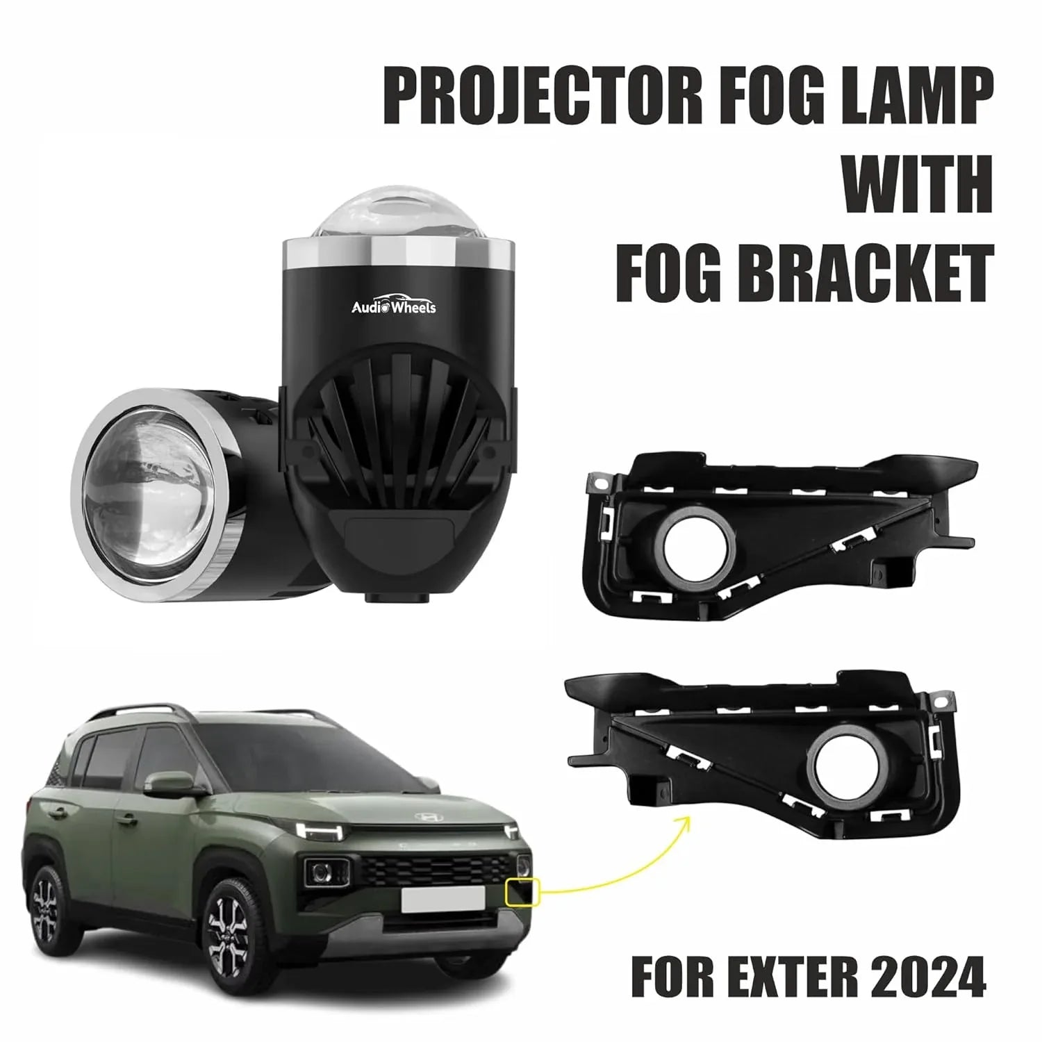Audio Wheels 2" LED Projector Fog Lamp with Cover - 120W, 6000K White (15000LM) with Blue Tint Film | 12V/24V Fog Light for Car & Vehicle Modification | For Huyndai Exter 2024 - Audio Wheels