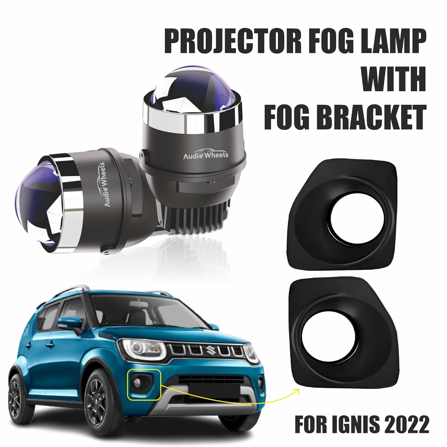 Audio Wheels 3 Inch LED Projector Fog Lamp with Cover - 120W, Tri-Color (White Warm Yellow)  with Blue Tint Film  12V/24V Fog Light for Car & Vehicle Modification  For Maruti Suzuki Ignis 2022.