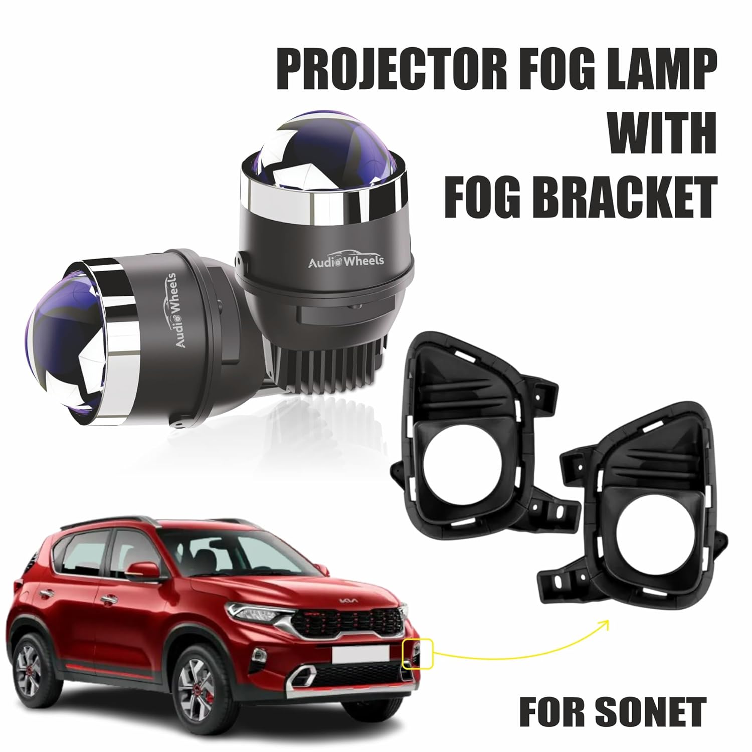 Audio Wheels 3" LED Projector Fog Lamp with Cover - 120W, Tri-Color (White/Warm/Yellow) | with Blue Tint Film | 12V/24V Fog Light for Car & Vehicle Modification | For Kia Sonet