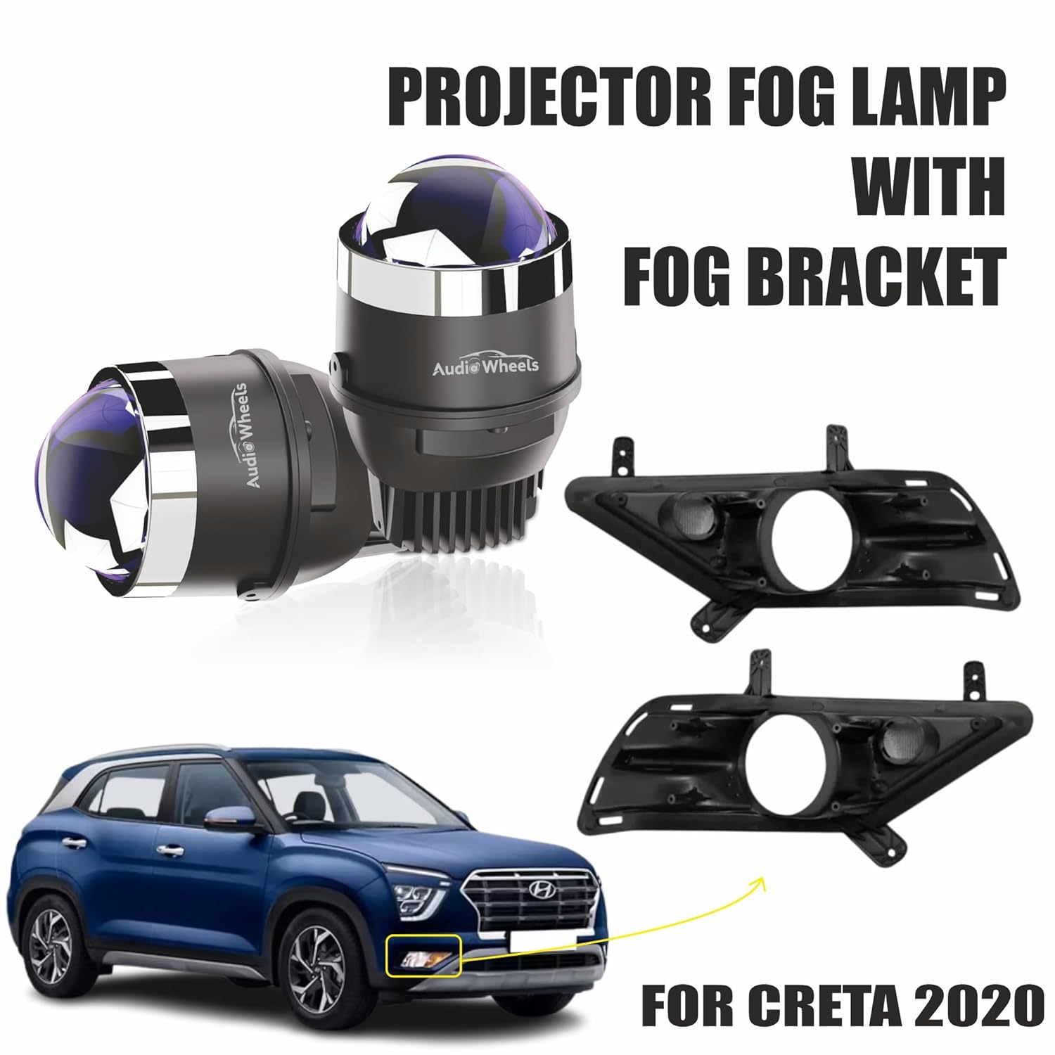Audio Wheels 3 Inch LED Projector Fog Lamp with Cover - 120W, Tri-Color (White/Warm/Yellow) | with Blue Tint Film | 12V/24V Fog Light for Car & Vehicle Modification | For Hyundai Creta 2020.