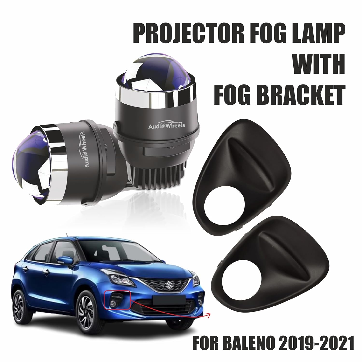 Audio Wheels 3 Inch LED Projector Fog Lamp with Cover - 120W, Tri-Color (WhiteWarmYellow)  with Blue Tint Film  12V24V Fog Light for Car & Vehicle Modification  For Maruti Suzuki Baleno 2019-2021