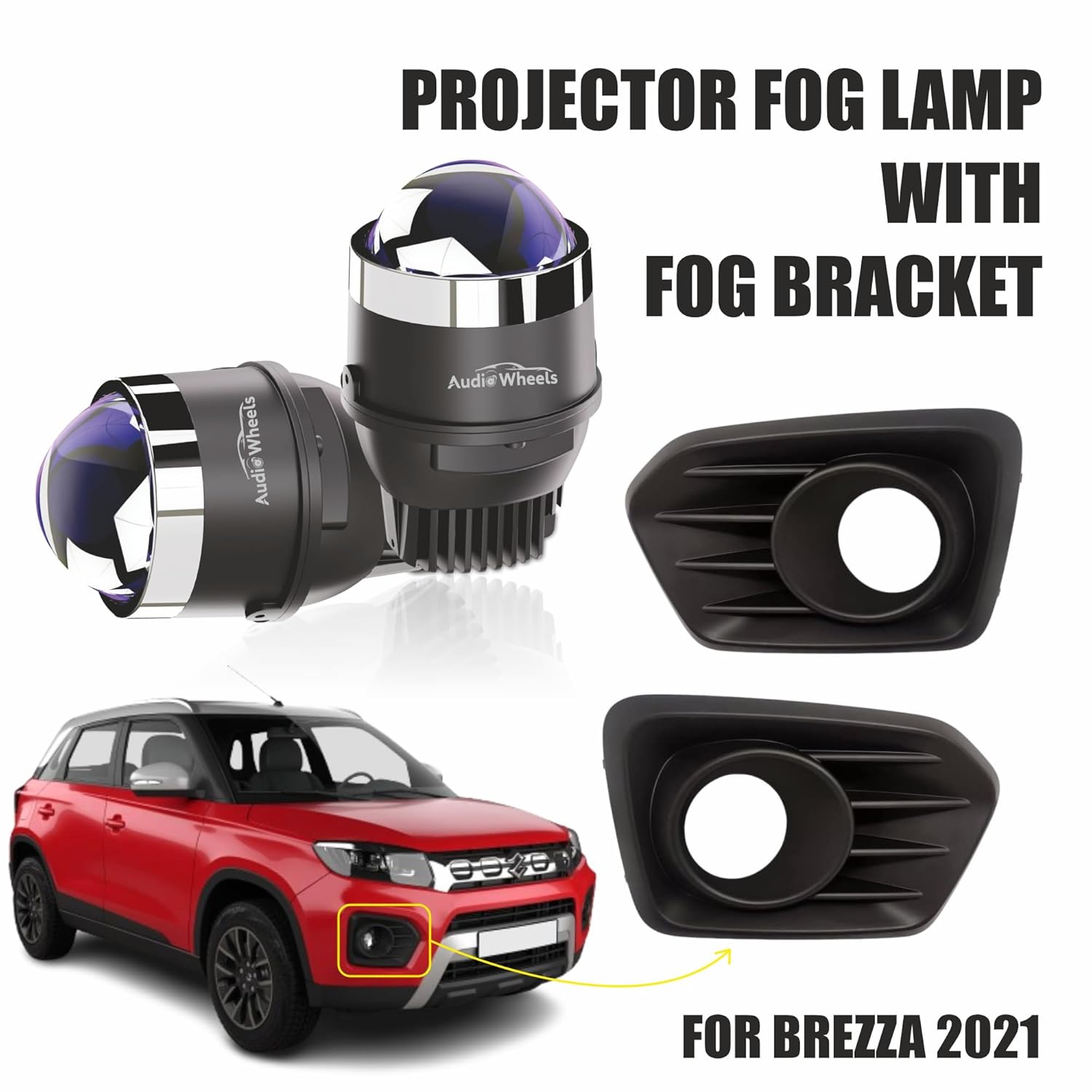 Audio Wheels 3 Inch LED Projector Fog Lamp with Cover - 120W, Tri-Color (WhiteWarmYellow)  with Blue Tint Film  12V24V Fog Light for Car & Vehicle Modification  For Maruti Suzuki Brezza 2021.