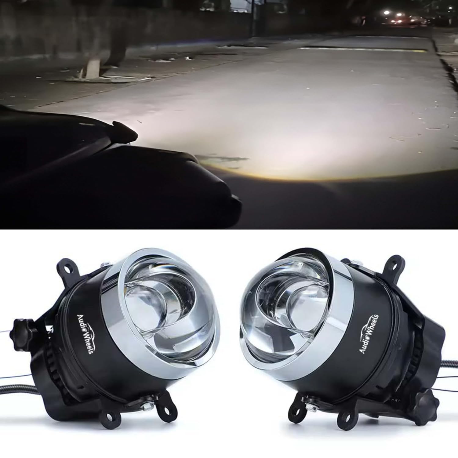 Audio Wheels 3 Inch Universal LED Projector Fog Lamp - 120W | White-6000K Single-Beam | 15,000LM Projector Light with Blue Film | 12V/24V Car Driving Lamp for Vehicle Modification