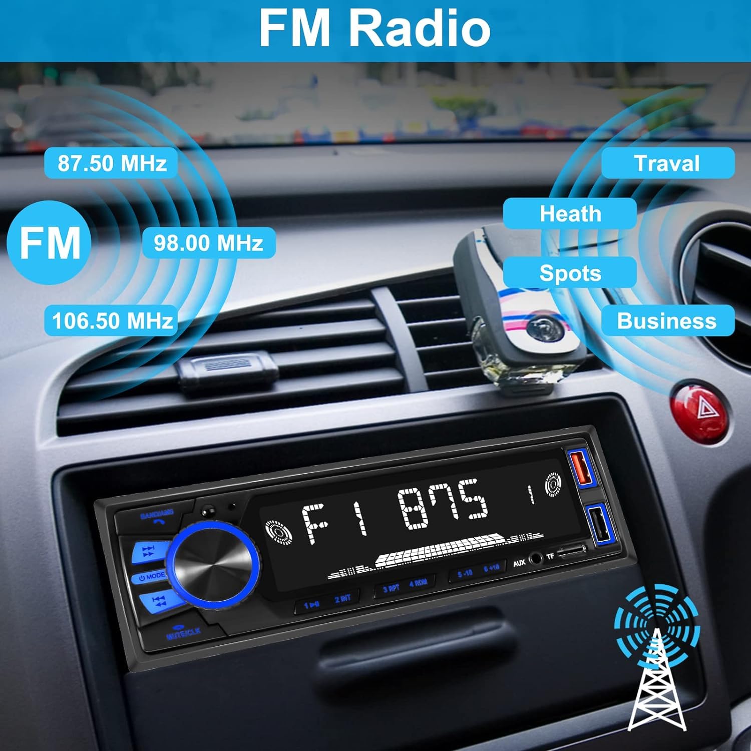 Audio Wheels Car Radio Bluetooth Single DIN Car Stereo Audio, Car Audio with Handsfree and Remote Control,Supports FM/ MP3/SD/AUX/Dua USB/EQ/Quick Charge | Not a CD Player