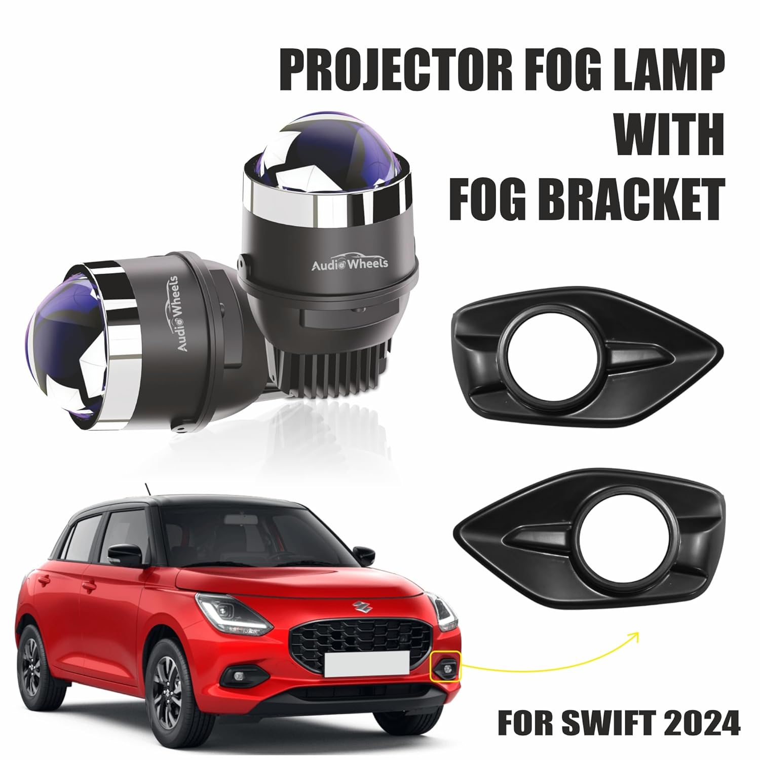 Audio Wheels 3 Inch LED Projector Fog Lamp with Cover - 120W, 6000K White (15000LM) with Blue Tint Film | 12V/24V Fog Light for Car & Vehicle Modification | For Maruti Suzuki Swift 2024