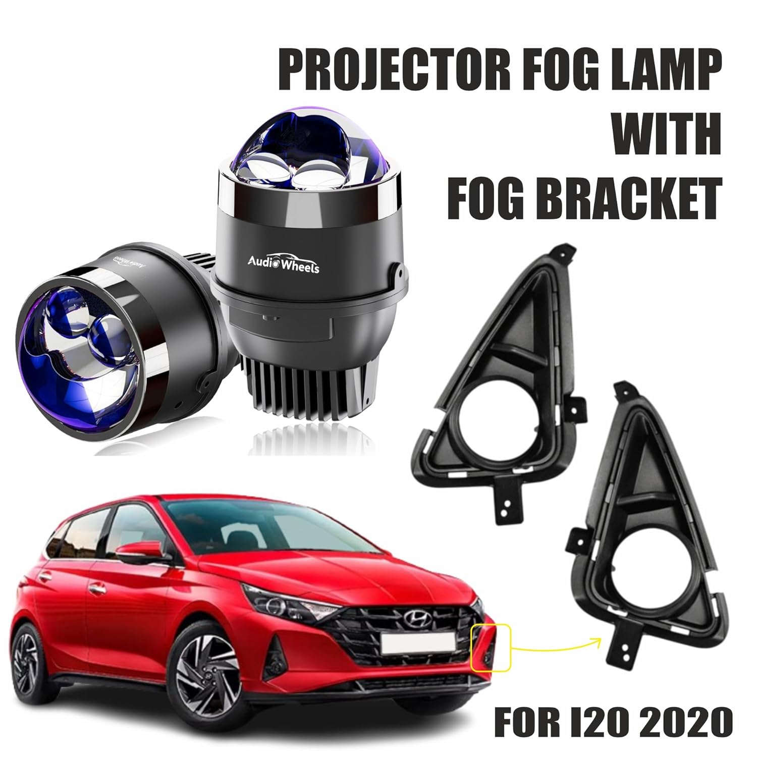 Audio Wheels 3 Inch LED Projector Fog Lamp with Cover 120W, Tri-Color (White/Warm/Yellow) | Dual Beam | with Blue Tint Film | 12V/24V Fog Light for Car & Vehicle Modification | For Hyundai I 20 (2020).