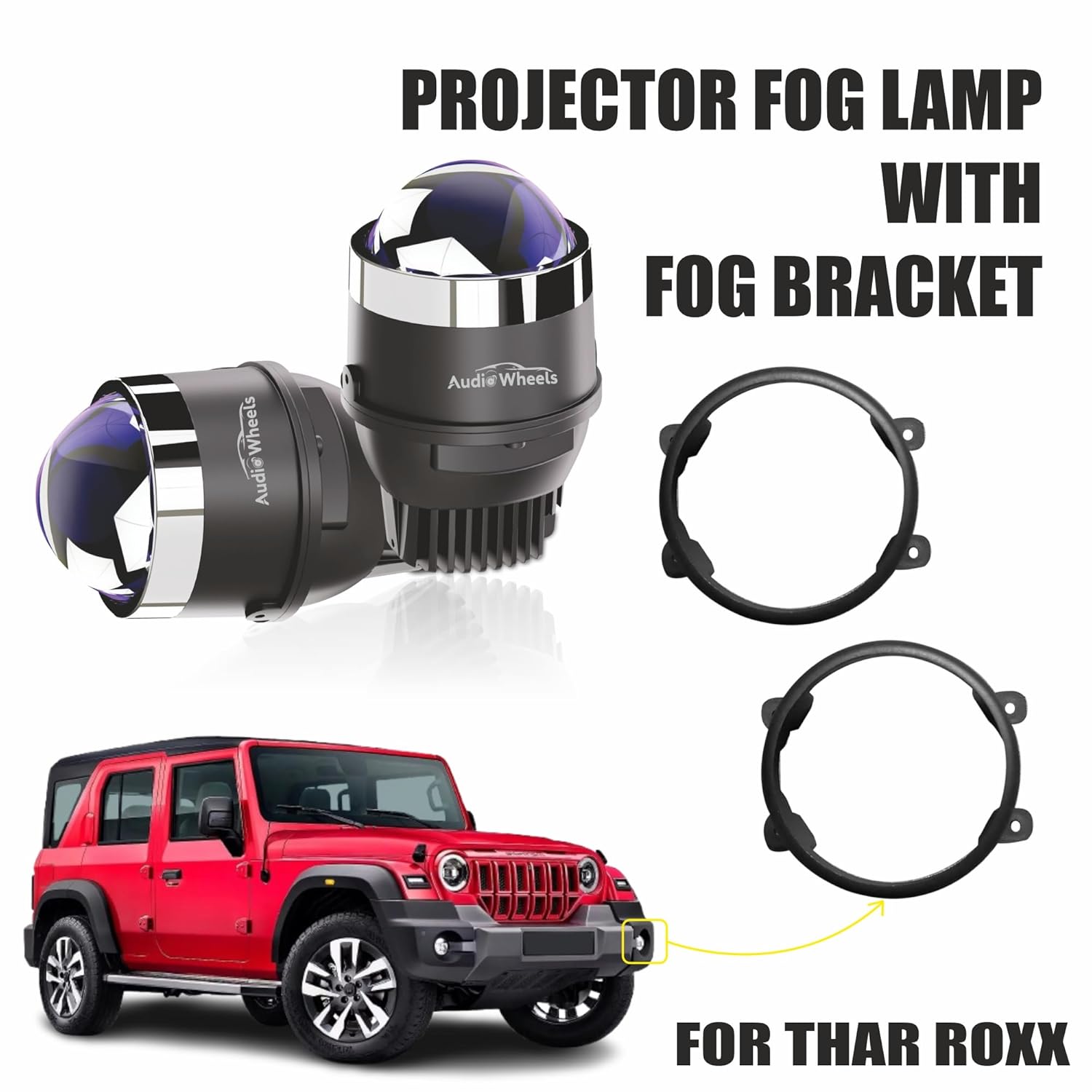Audio Wheels 3 Inch LED Projector Fog Lamp with Cover - 120W, Tri-Color (WhiteWarmYellow) with Blue Tint Film 12V24V Fog Light for Car & Vehicle Modification For Mahindra Thar Roxx