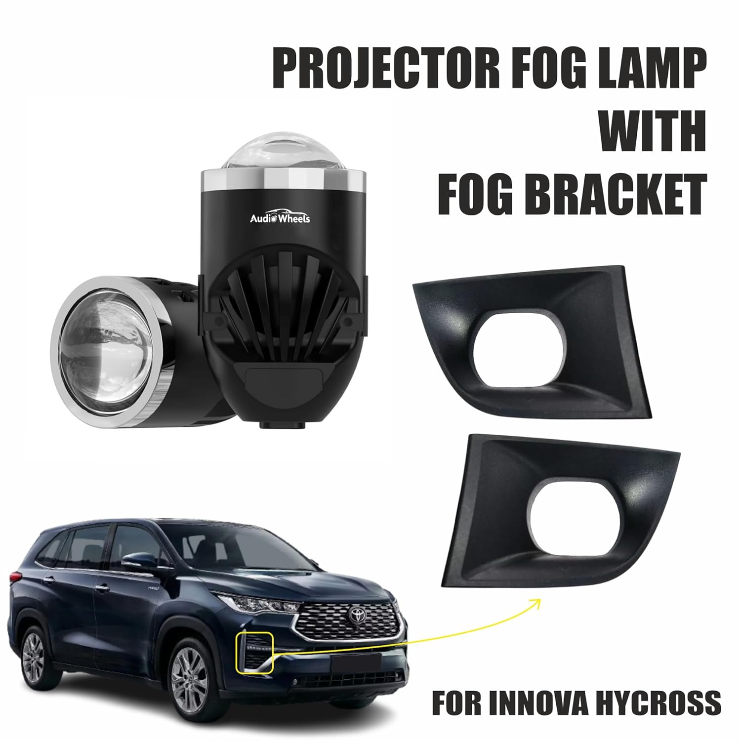 Audio Wheels 1.8 Inch LED Projector Fog Lamp with Cover - 120W, 6000K White (15000LM) with Blue Tint Film | 12V/24V Fog Light for Car & Vehicle Modification | For Toyota Innova Hycross