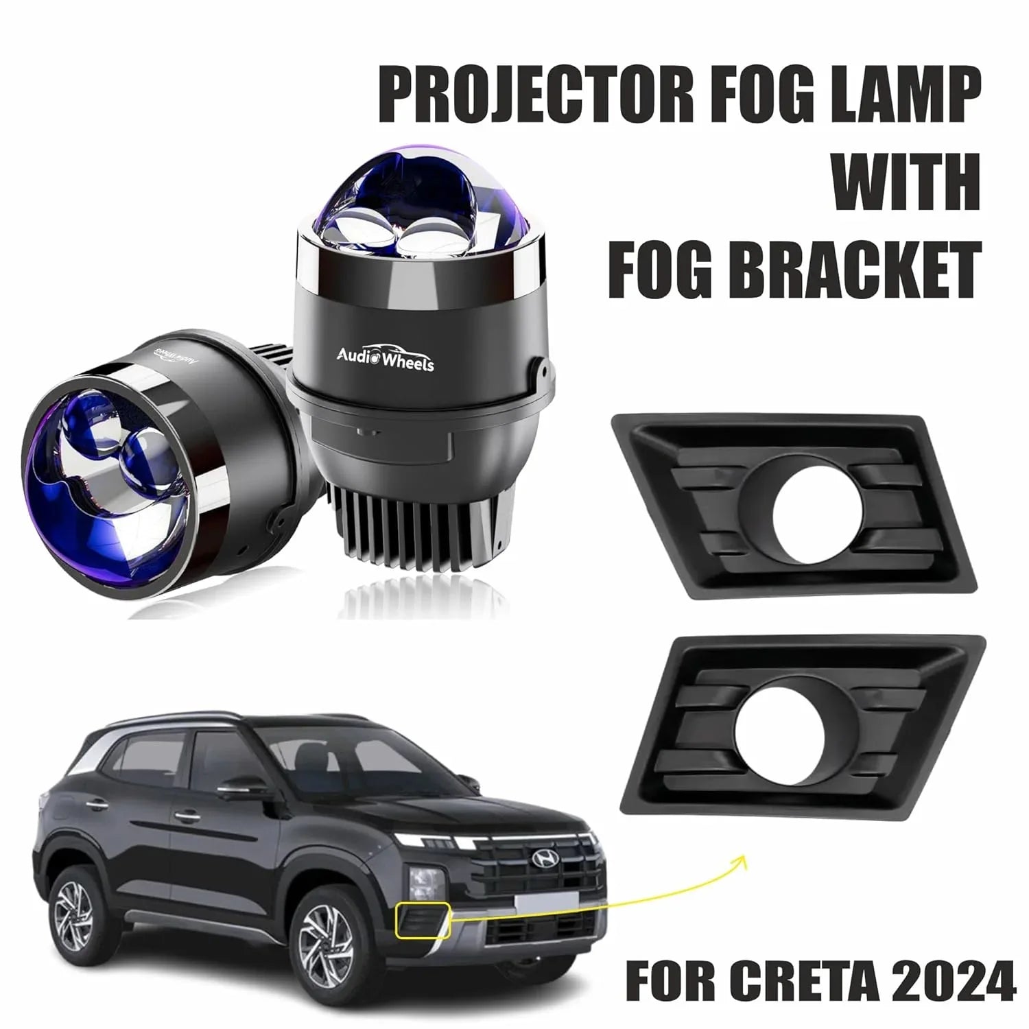 Audio Wheels 3" LED Projector Fog Lamp with Cover - 120W, 6000K White | Dual-Beam | with Blue Tint Film | 12V/24V Fog Light for Car & Vehicle Modification | For Hyundai Creta 2024 - Audio Wheels