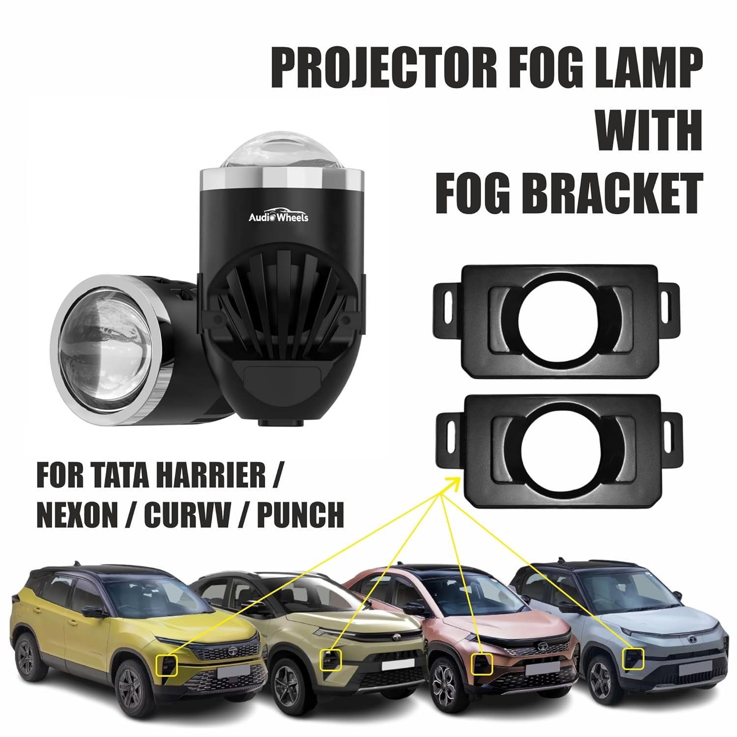 Audio Wheels LED Projector 1.8 Inch Fog Lamp with Cover 120W, Tri-Color (White/Warm/Yellow) | Fog Light for Car & Vehicle Modification | Compatible with Tata Nexon, Punch, Harrier OR Curvv