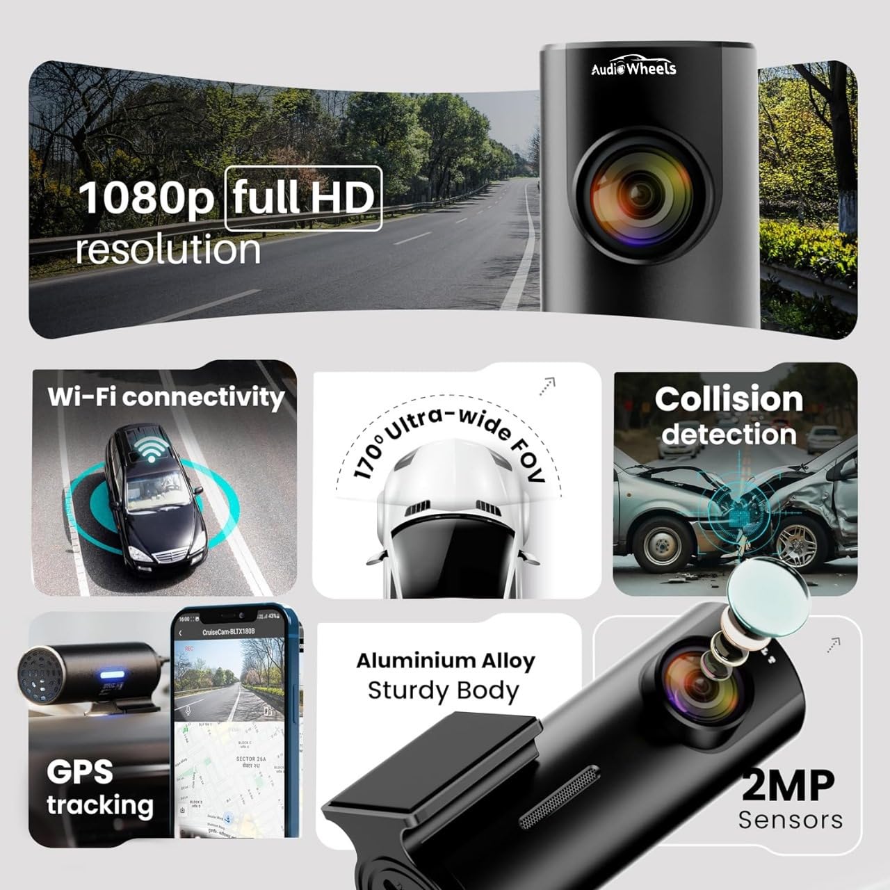 Audio Wheels 12.0MP Full HD WiFi DVR Dashcam + 5V 0.4A Power, 1080p Video, 30 FPS, High-Sensitivity Low-Light Sensor, MIC Support, 128GB TF Card Storage, USB Connectivity,Android Compatibility.