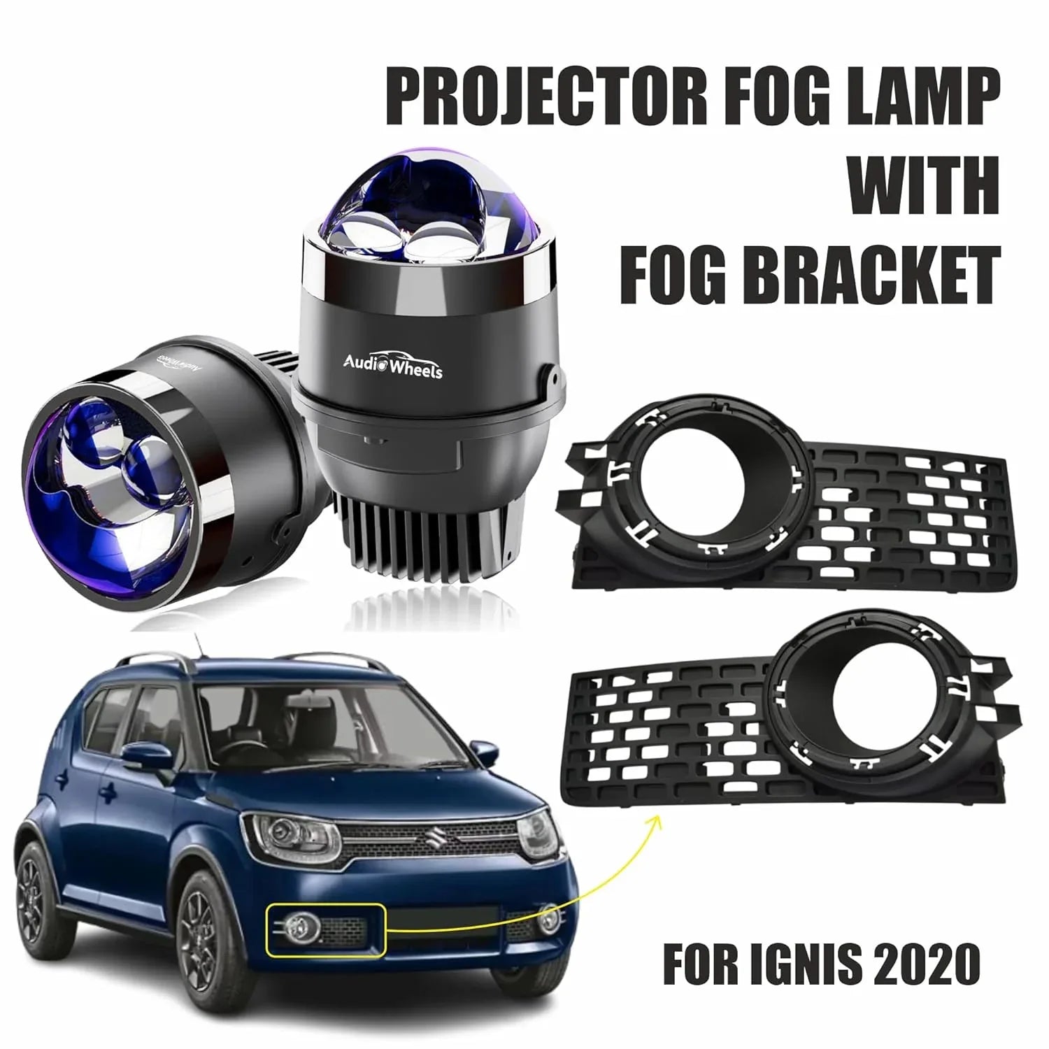 Audio Wheels 3" LED Projector Fog Lamp with Cover - 120W, 6000K White | Dual-Beam | with Blue Tint Film | 12V/24V Fog Light for Car & Vehicle Modification | For Maruti Suzuki Ignis 2020 - Audio Wheels