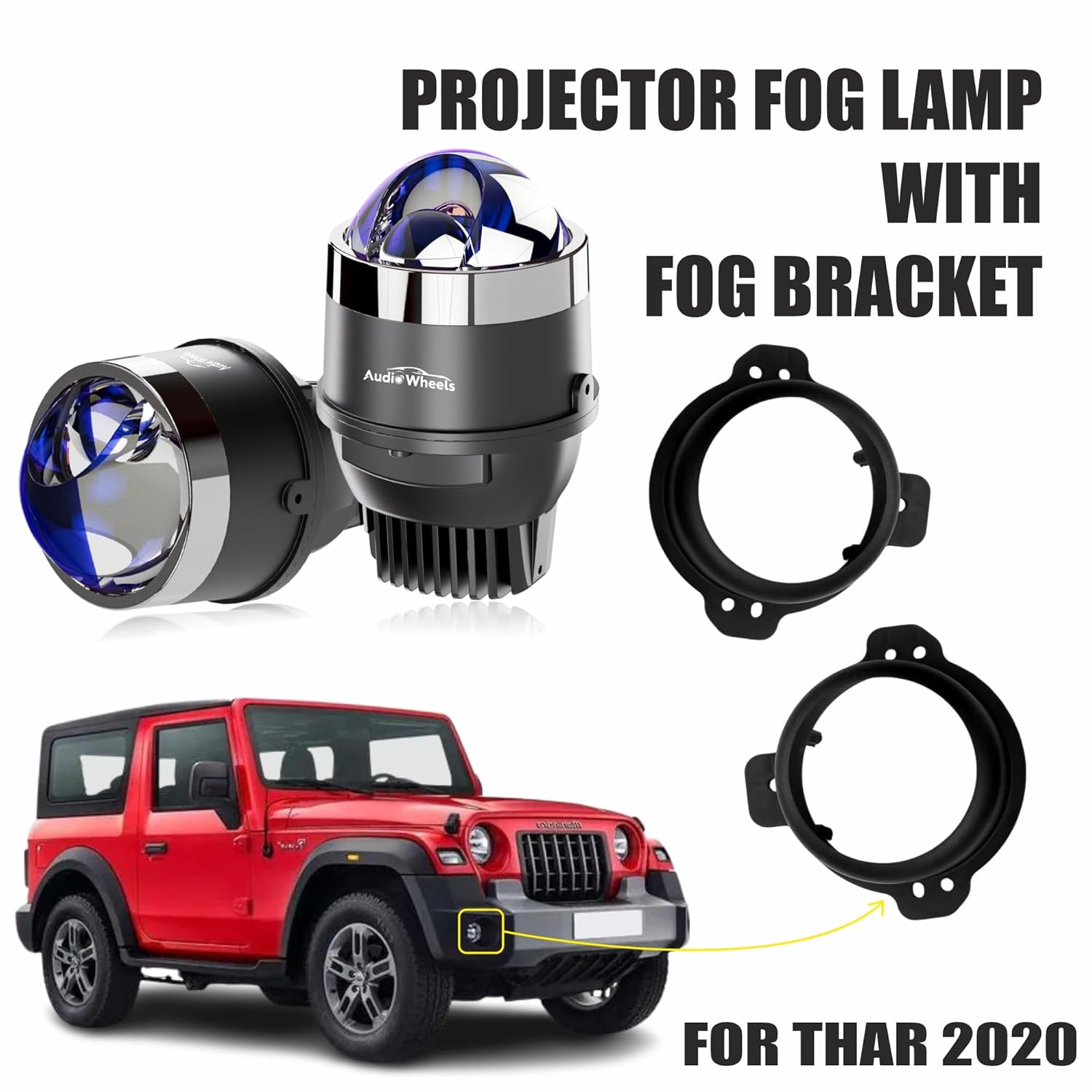 Audio Wheels 3 Inch LED Projector Fog Lamp with Cover - 120W, 6000K White | Single-Beam | with Blue Tint Film | 12V/24V Fog Light for Car & Vehicle Modification | For Thar 2020