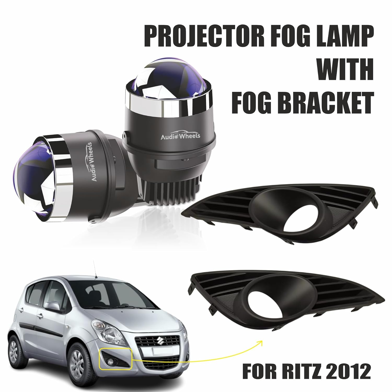 Audio Wheels 3 Inch LED Projector Fog Lamp with Cover - 120W, Tri-Color (White/Warm/Yellow) | with Blue Tint Film | 12V/24V Fog Light for Car & Vehicle Modification | For Maruti Suzuki Ritz 2012