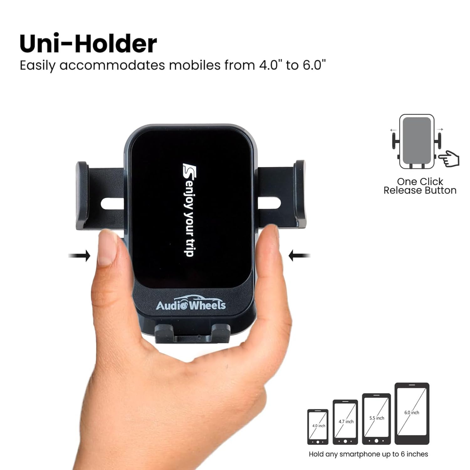 Audio Wheels Car Phone Holder 360° Rotation, Grip Go Series, Suction Cup Mount Auto Lock, Extendable Arm, Single-Handed Use, Shockproof Design Dashboard Accessories for Flexible Mobile Holder.