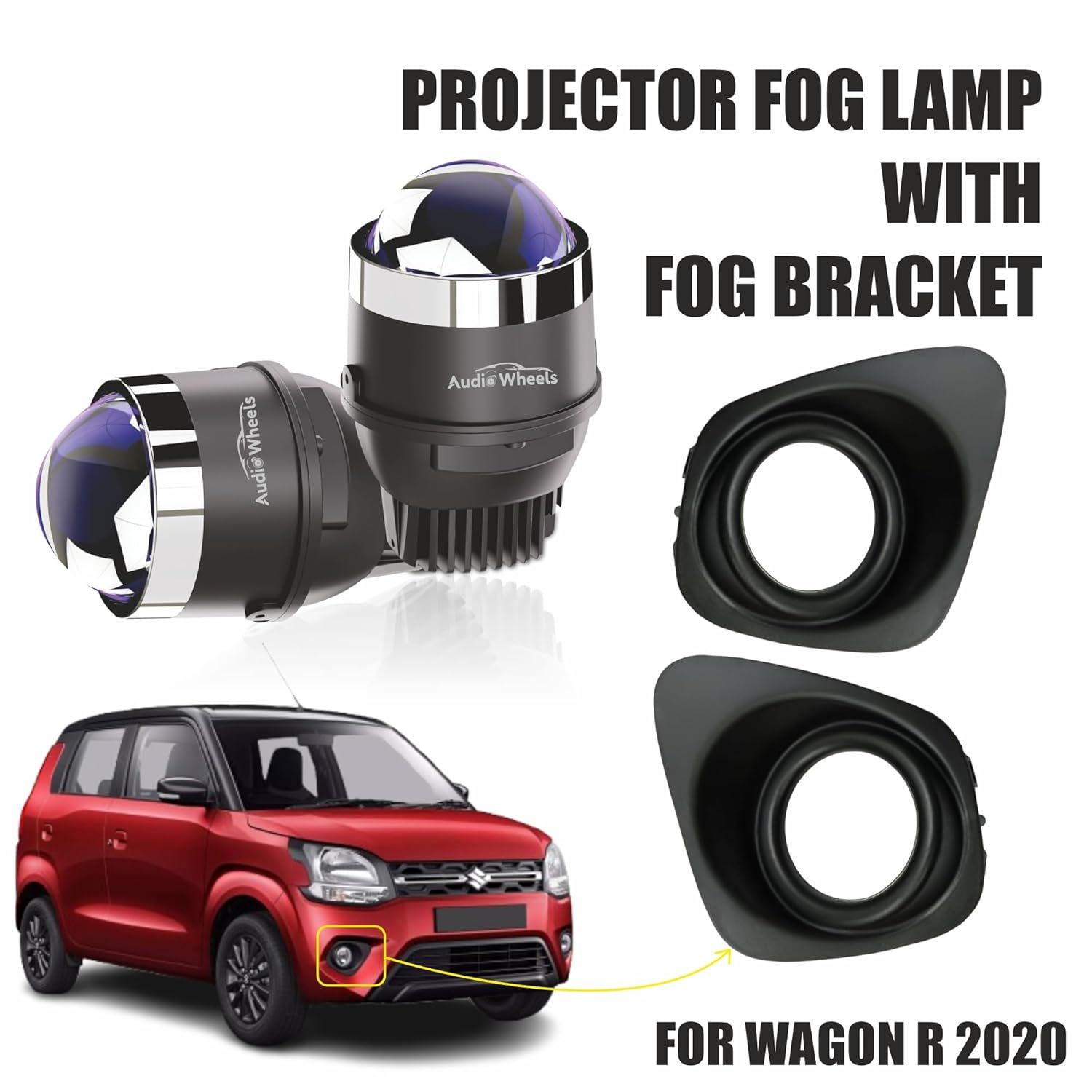Audio Wheels 3 Inch LED Projector Fog Lamp with Cover - 120W, Tri-Color (White/Warm/Yellow) | with Blue Tint Film | 12V/24V Fog Light for Car & Vehicle Modification | For Maruti Suzuki WagonR 2020.