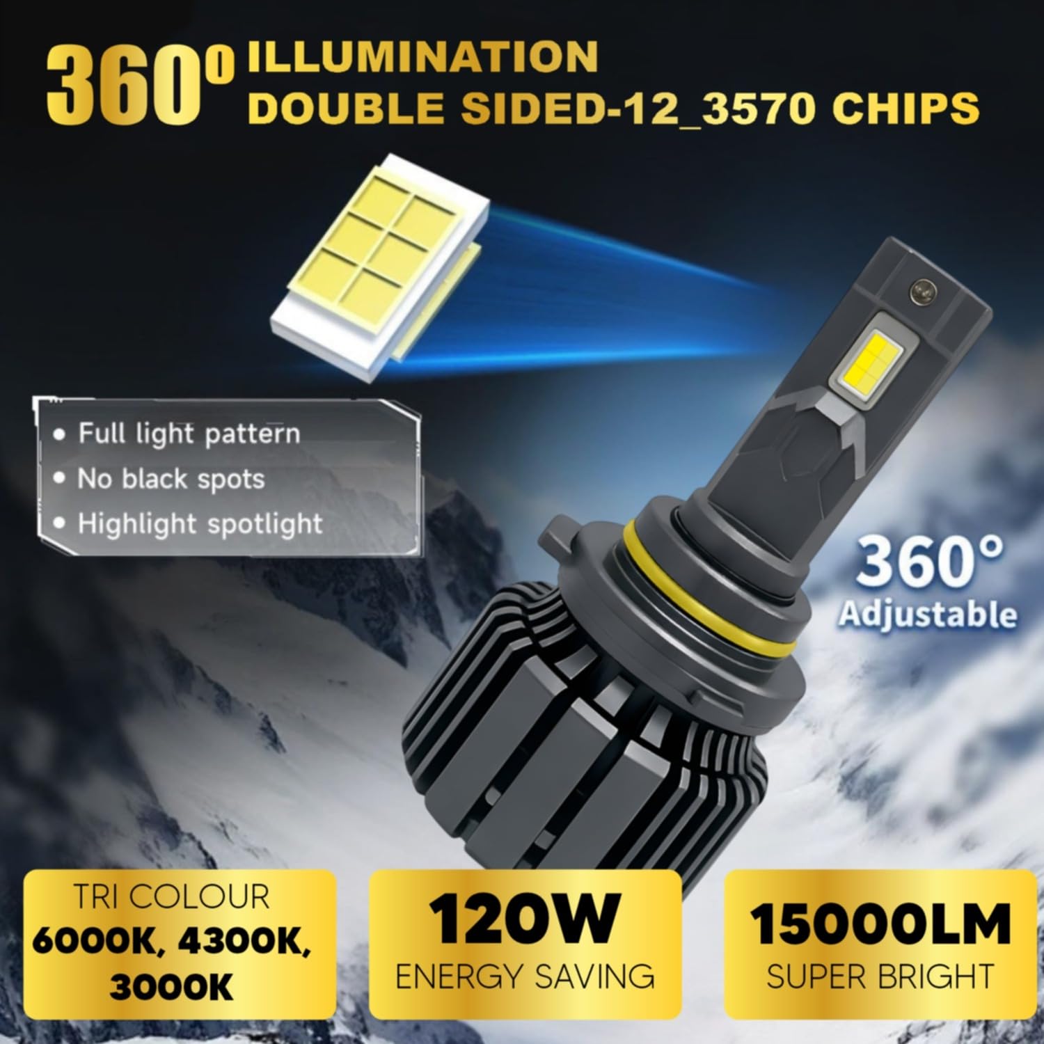 Audio Wheels 9006 Tri Colour LED Headlight Single Beam 120W (15000LM) | 6000K/4300K/3000K | IP68 Waterproof Plug & Play Car Headlamp 12V/24V with Advanced Cooling