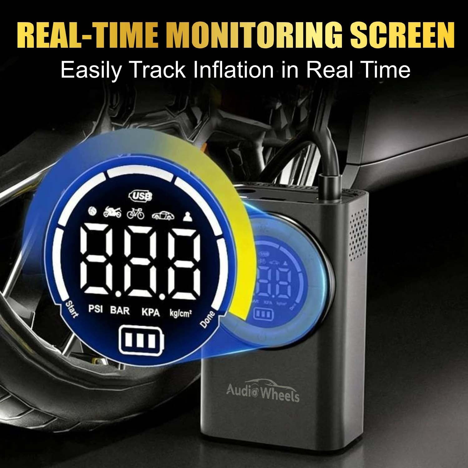 Audio Wheels Universal Digital Tyre Inflator [TI-03]  for Car, Bikes and SUVs | 65W Portable Air Compressor, 5600 mAh, Auto Shut-Off & LED Light  150 PSI