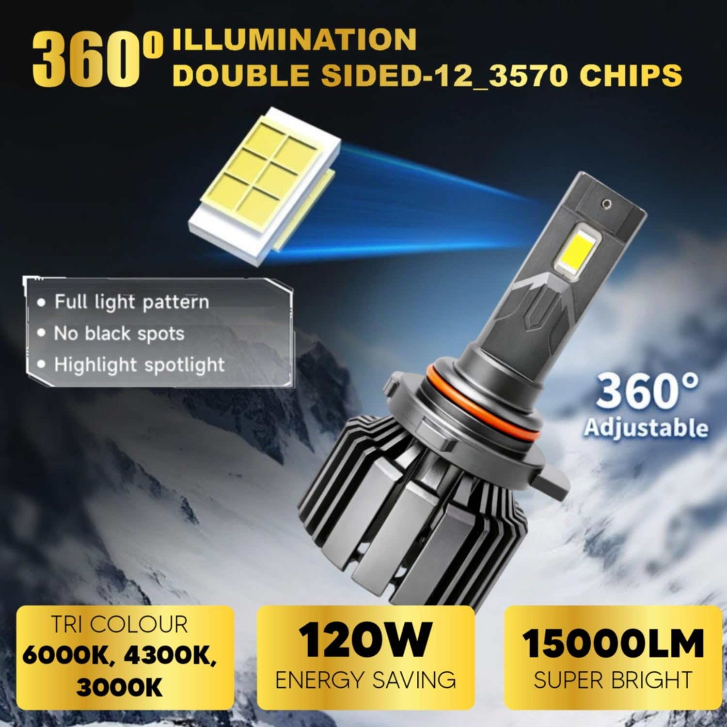 Audio Wheels 9012 LED Headlight Tri Colour, Single Beam 120W (15000LM) | 6000K/4300K/3000K | IP68 Waterproof Plug & Play Car Headlamp 12V/24V with Advanced Cooling | 2 Years Warranty