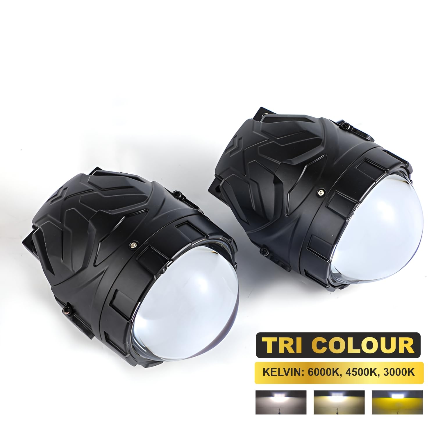 Audio Wheels AWLP-16 Tri-Color LED Projector Fog Lamp  200W High-Intensity  3000K Yellow  4500K Warm White  6000K White  Premium Metal Housing  1-Year Warranty