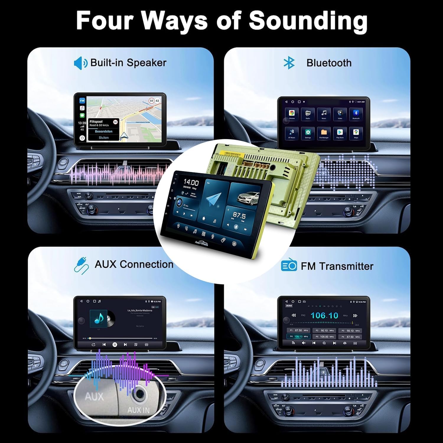 Audio Wheels Swift Dzire 2024 9-inch 1280P IPS Auto Android Car Display with Gorilla Glass | Double Din Car Stereo | Android 13 | 2GB/32GB Multimedia Player + AHD Camera, Dashboard Frame & Socket