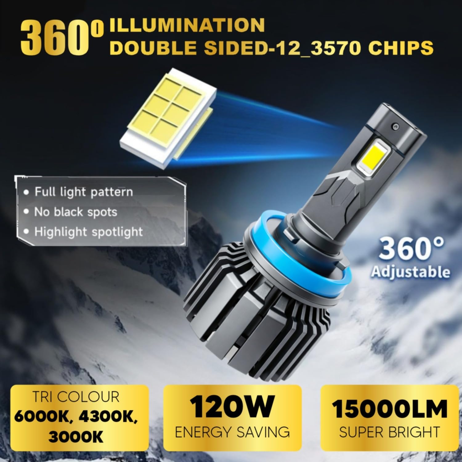 Audio Wheels H8/H11 LED Headlight Tri Colour, Single Beam 120W (15000LM) | 6000K/4300K/3000K | IP68 Waterproof Plug & Play Car Headlamp 12V/24V with Advanced Cooling | 2 Years Warranty