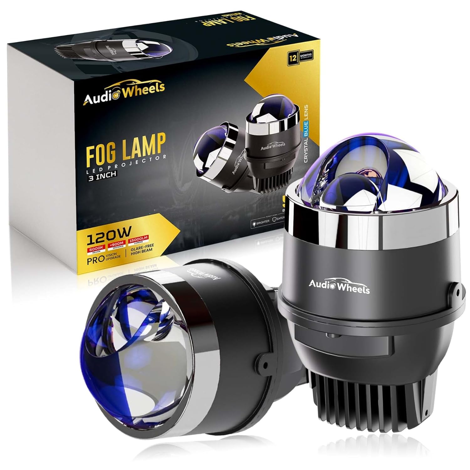 Car fog lamp with 'Audio Wheels' branding and packaging