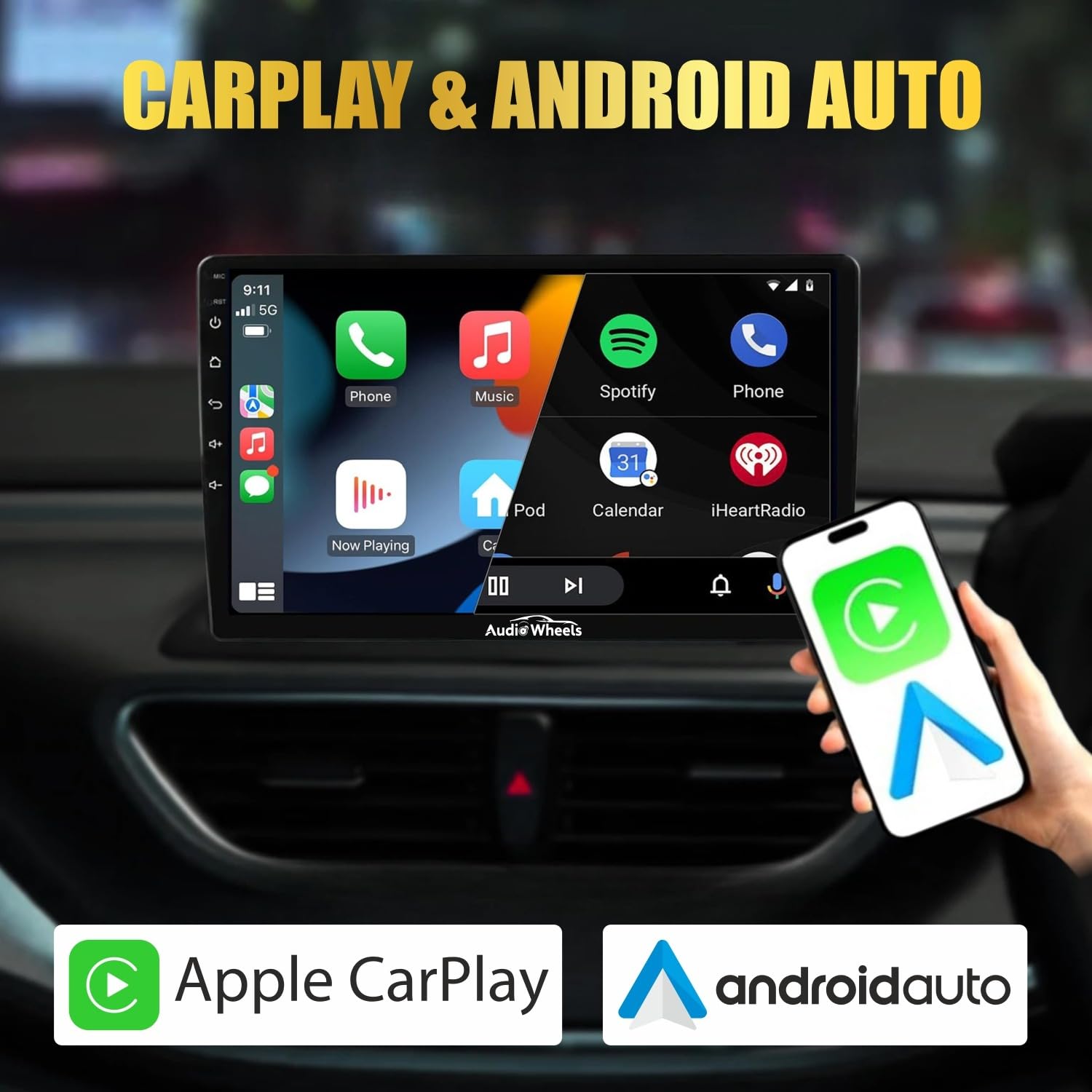 Audio Wheels 9 Inch Car Android/ iOS Multimedia Player with 360° Panoramic Camera | Touch Screen Full HD | 2GB+32GB | Quad Core Cortex-A53 | 1.3 Ghz | Wireless Carplay & Android Auto | Bluetooth, WiFi | Compatible with All Cars | 1 Year Warranty